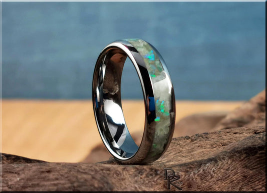 Domed Edge Tungsten Carbide Channel Ring w/Lemon Serpentine and Opal inlay - metal ring