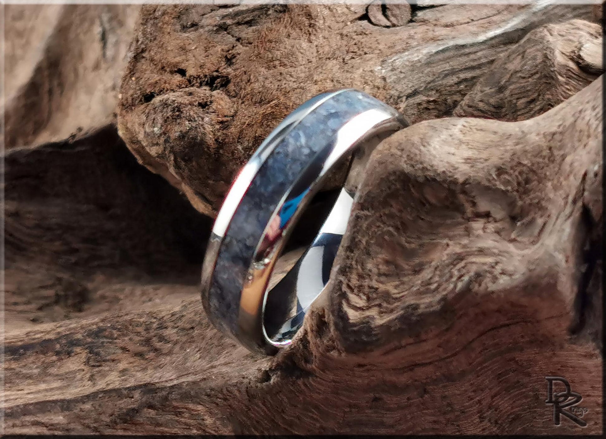 Domed Edge Tungsten Carbide Channel Ring w/Fossilised Blue Coral inlay - metal ring