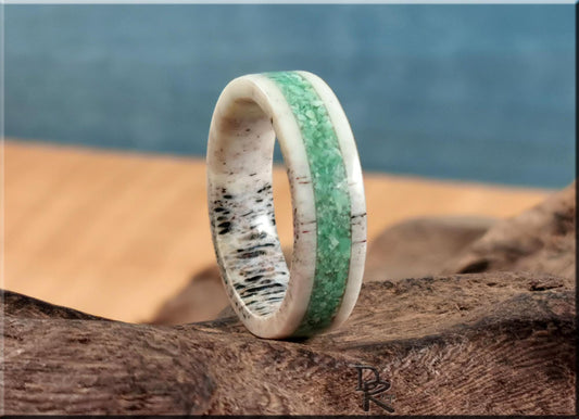 Deer Antler Channel Ring w/Nevada Apple Green Variscite inlay - antler ring