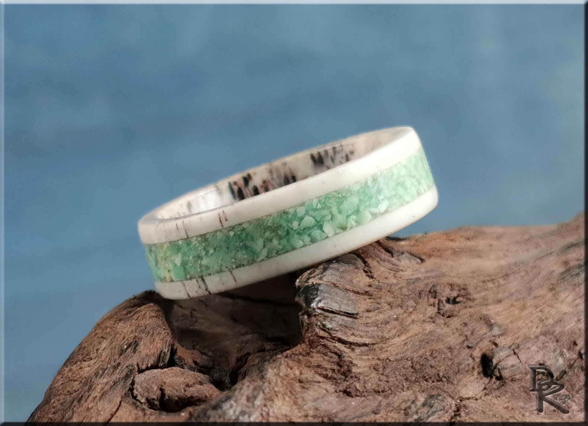 Deer Antler Channel Ring w/Nevada Apple Green Variscite inlay - antler ring