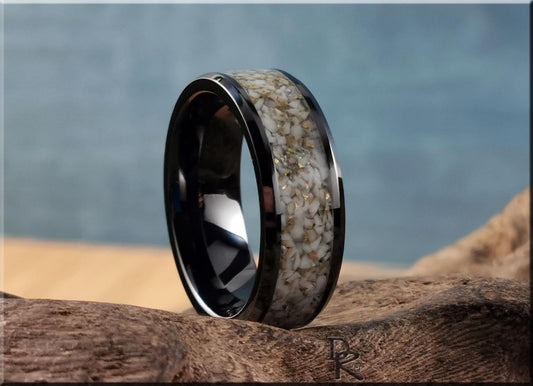Black Ceramic Ring w/White and Gold TruStone inlay - ceramic ring