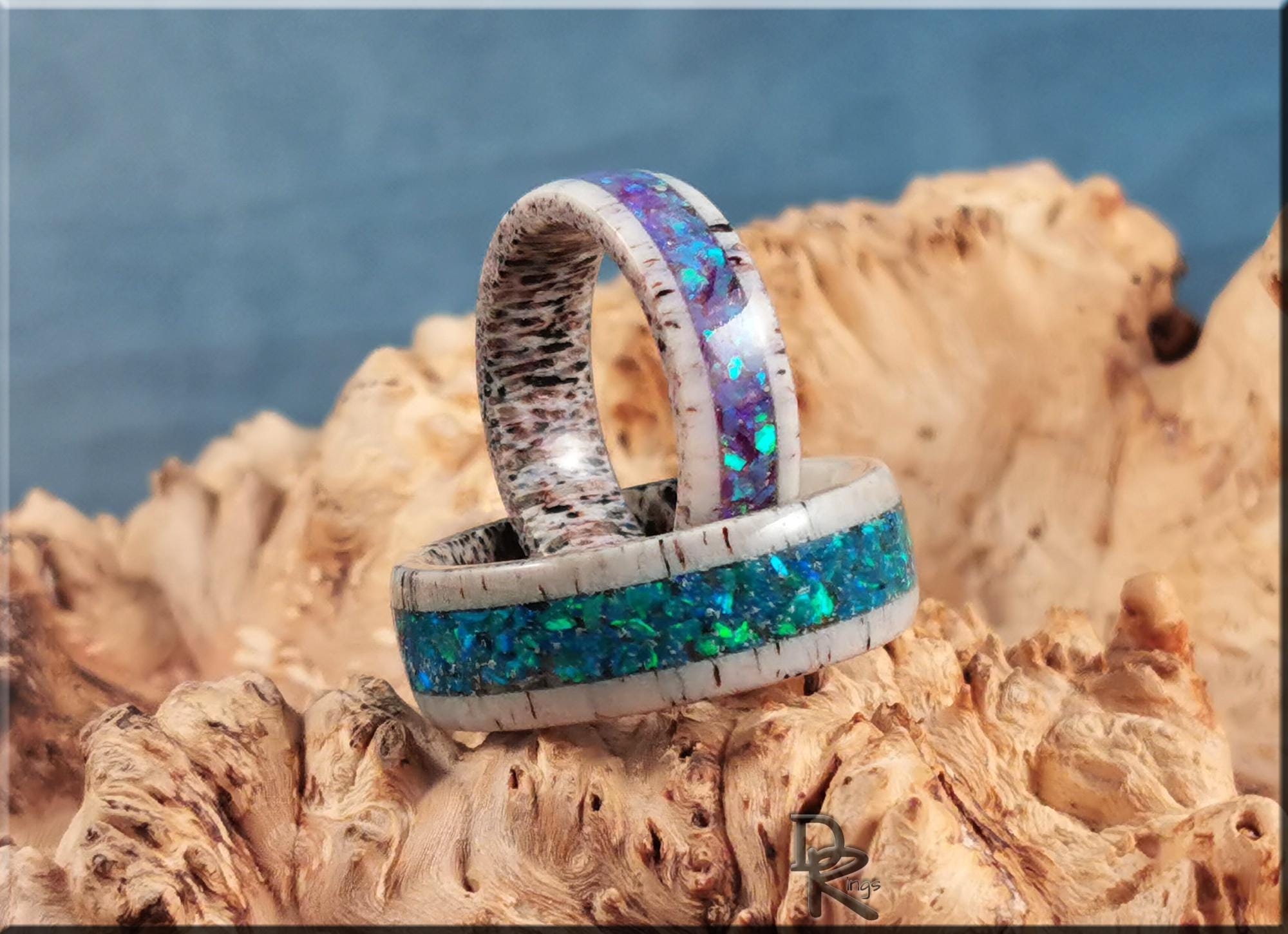 Deer Antler Ring Set w/Opal inlays - antler rings