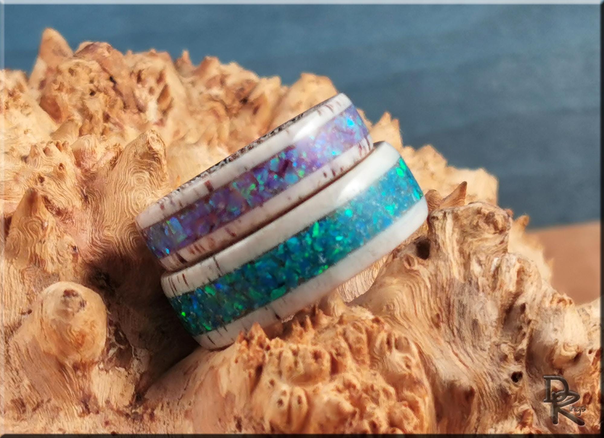 Deer Antler Ring Set w/Opal inlays - antler rings