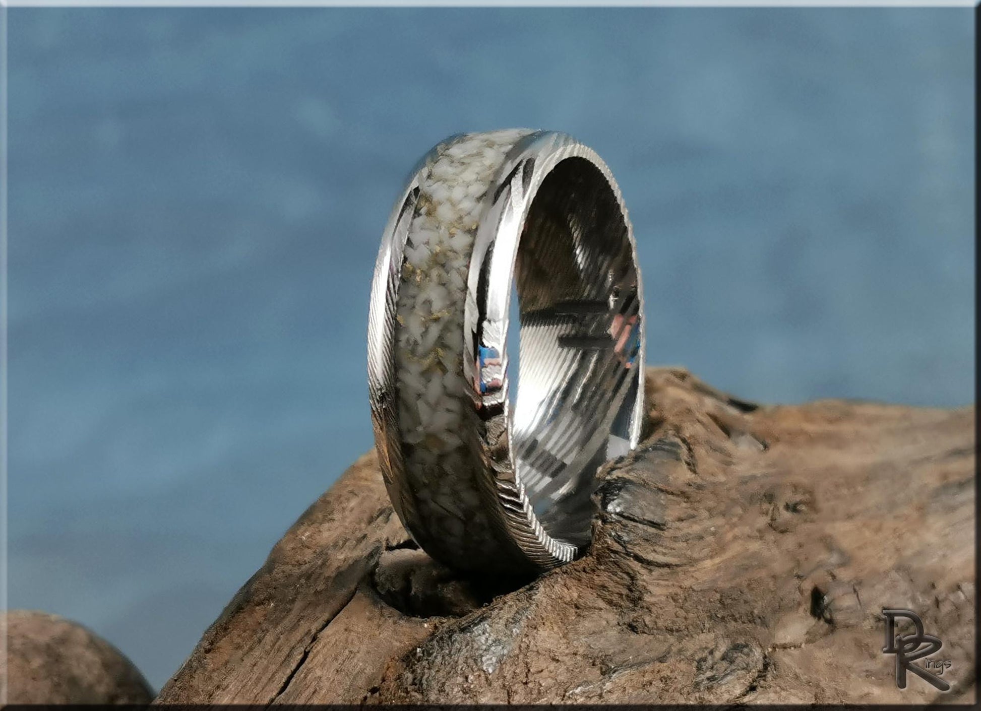 Damascus Steel Ring w/White and Gold TruStone inlay - metal ring