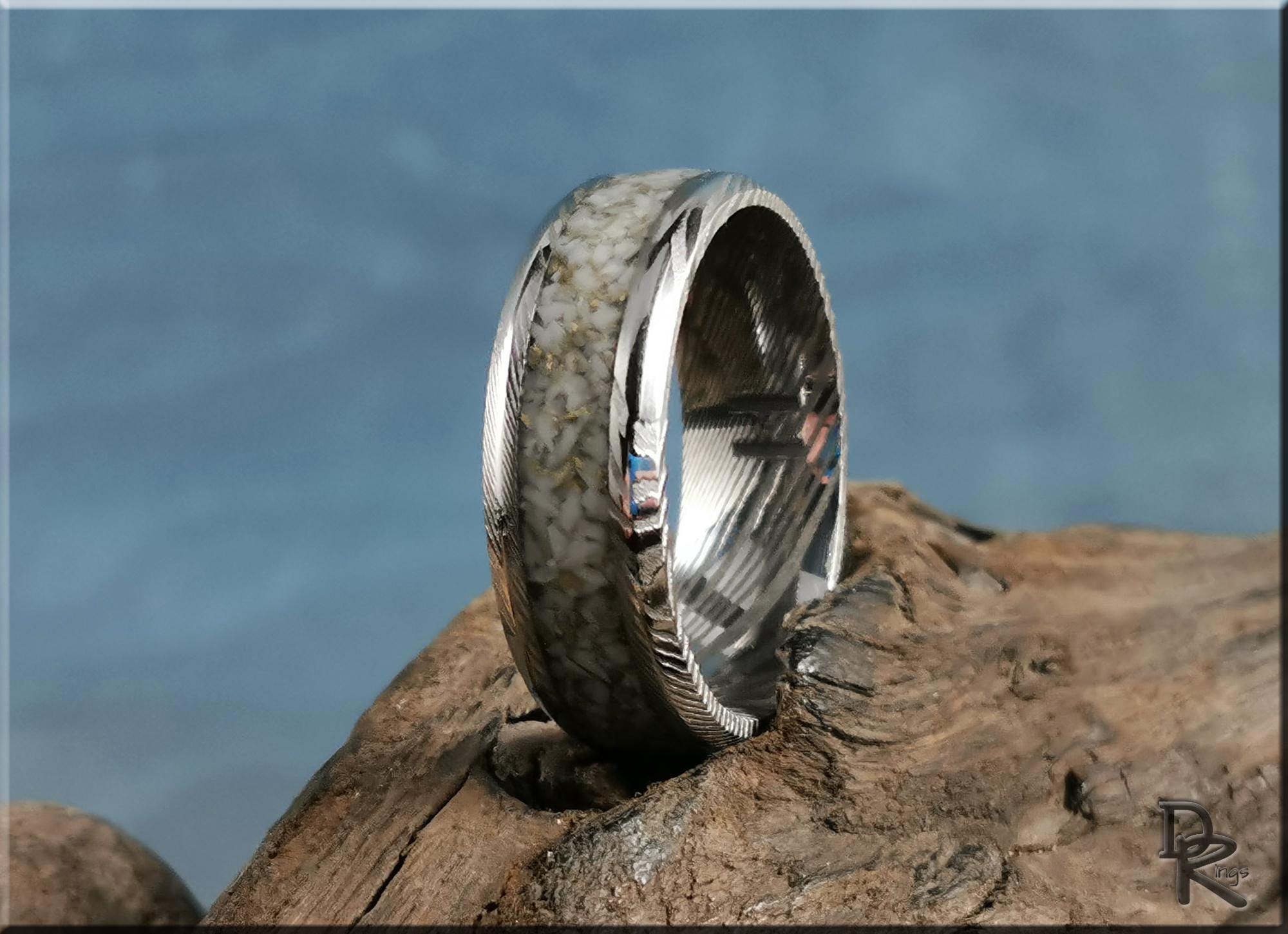 Damascus Steel Ring w/White and Gold TruStone inlay - metal ring