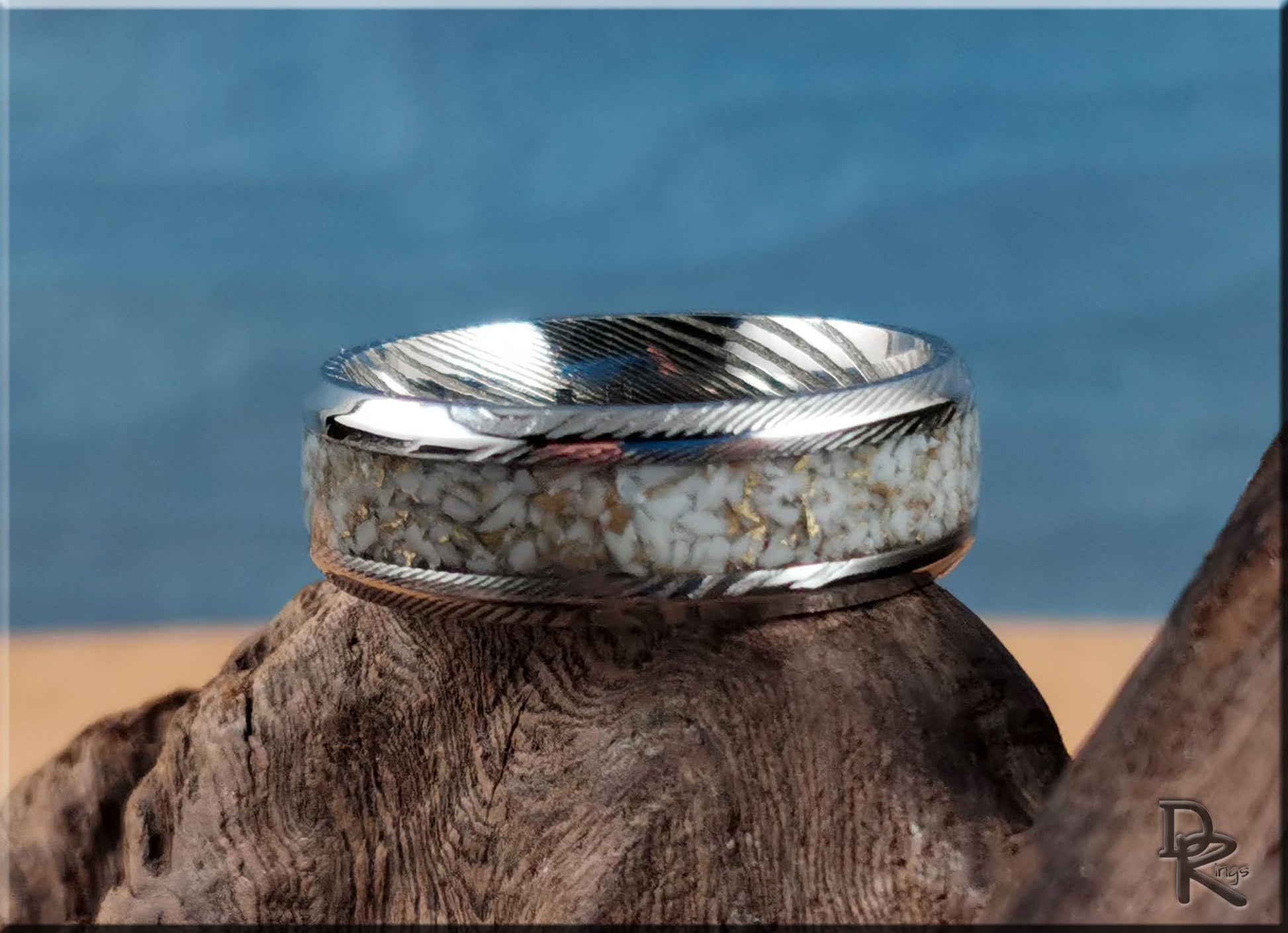 Damascus Steel Ring w/White and Gold TruStone inlay - metal ring