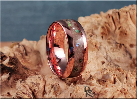 Tellurium 8mm Channel Ring w/Blended Muscovite and Abalone Shell inlay - copper ring