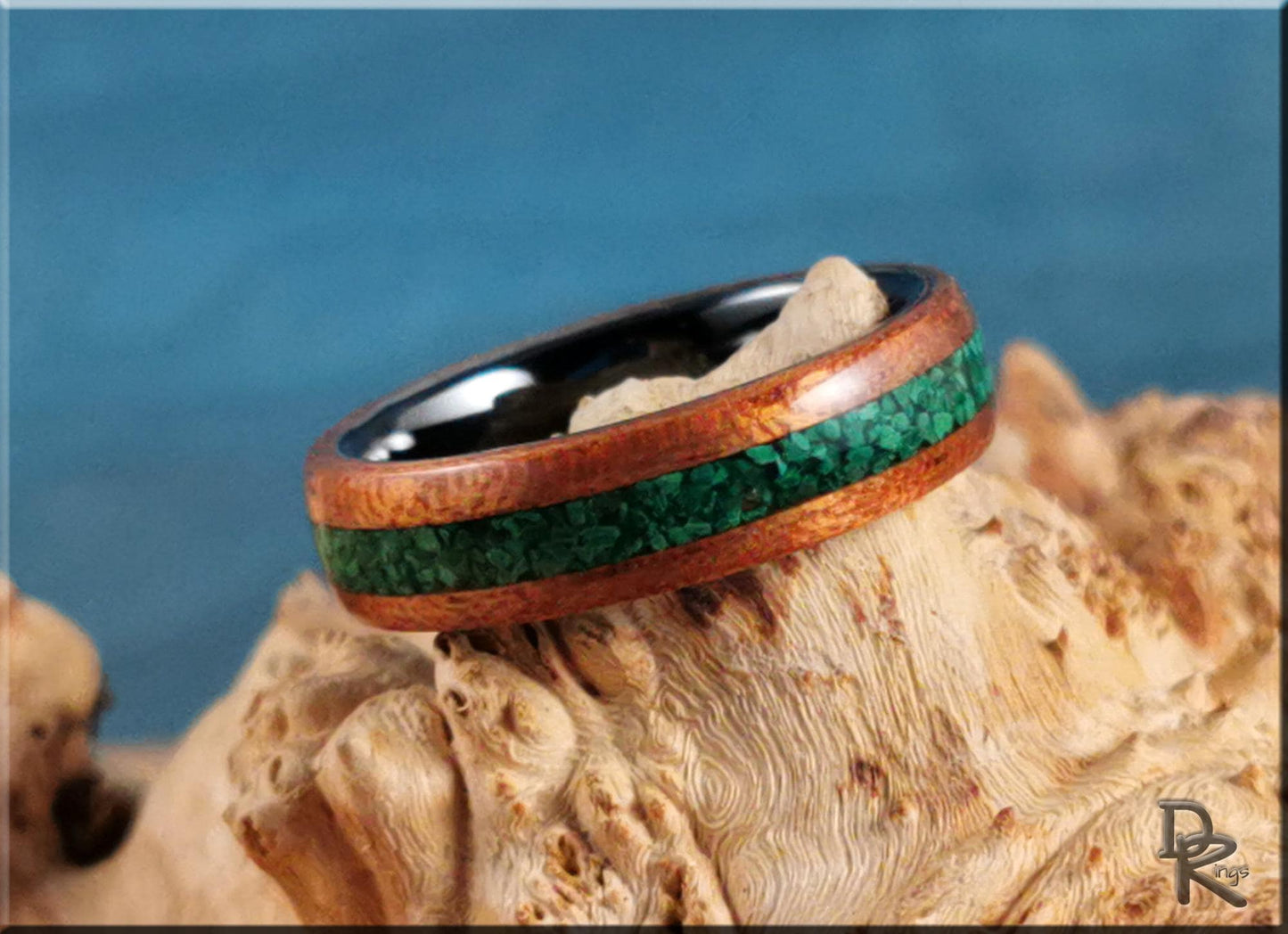 Bentwood Ring - Spanish Cedar w/Green Malachite stone inlay on polished black ceramic ring core - wood ring