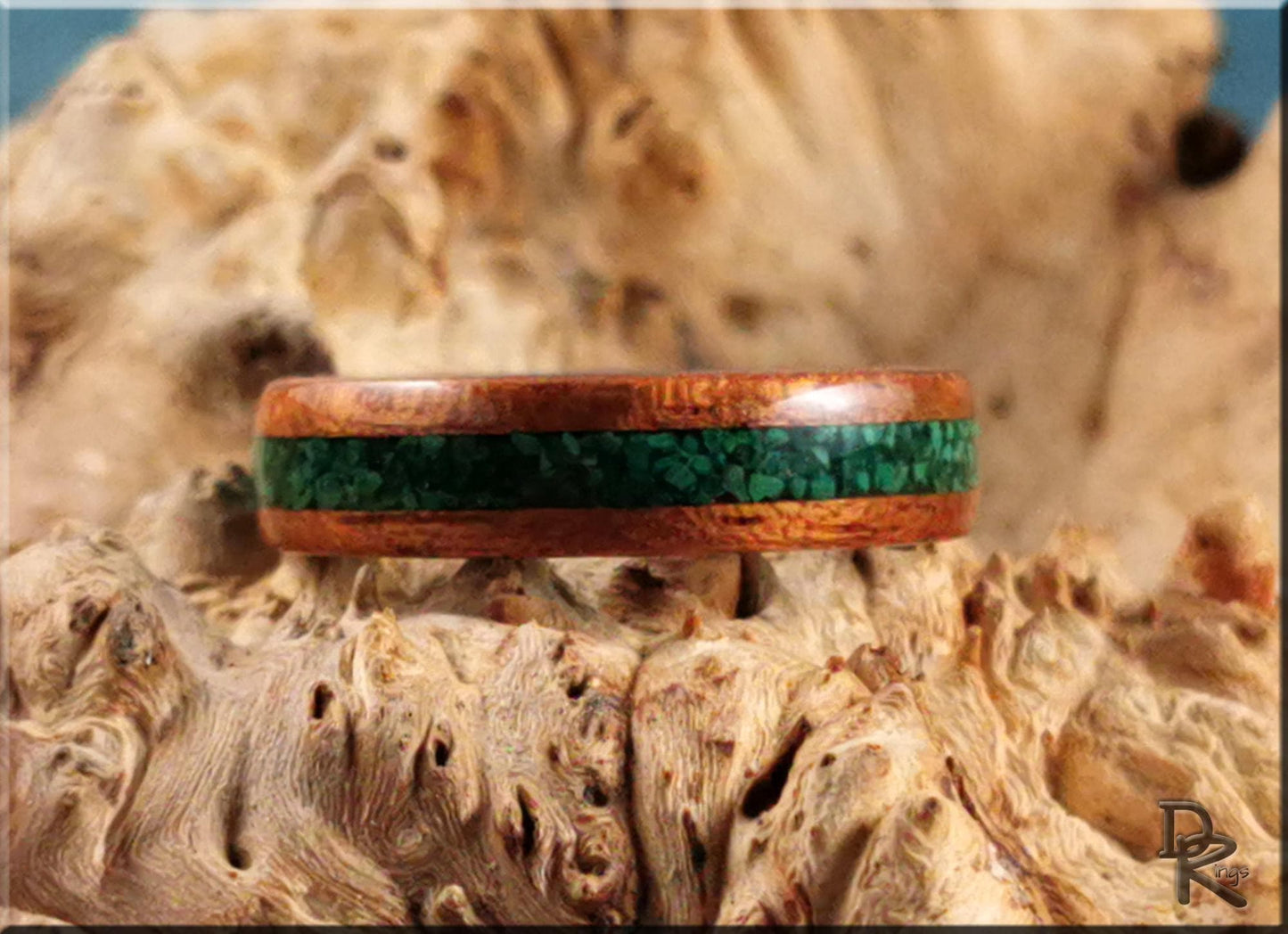 Bentwood Ring - Spanish Cedar w/Green Malachite stone inlay on polished black ceramic ring core - wood ring