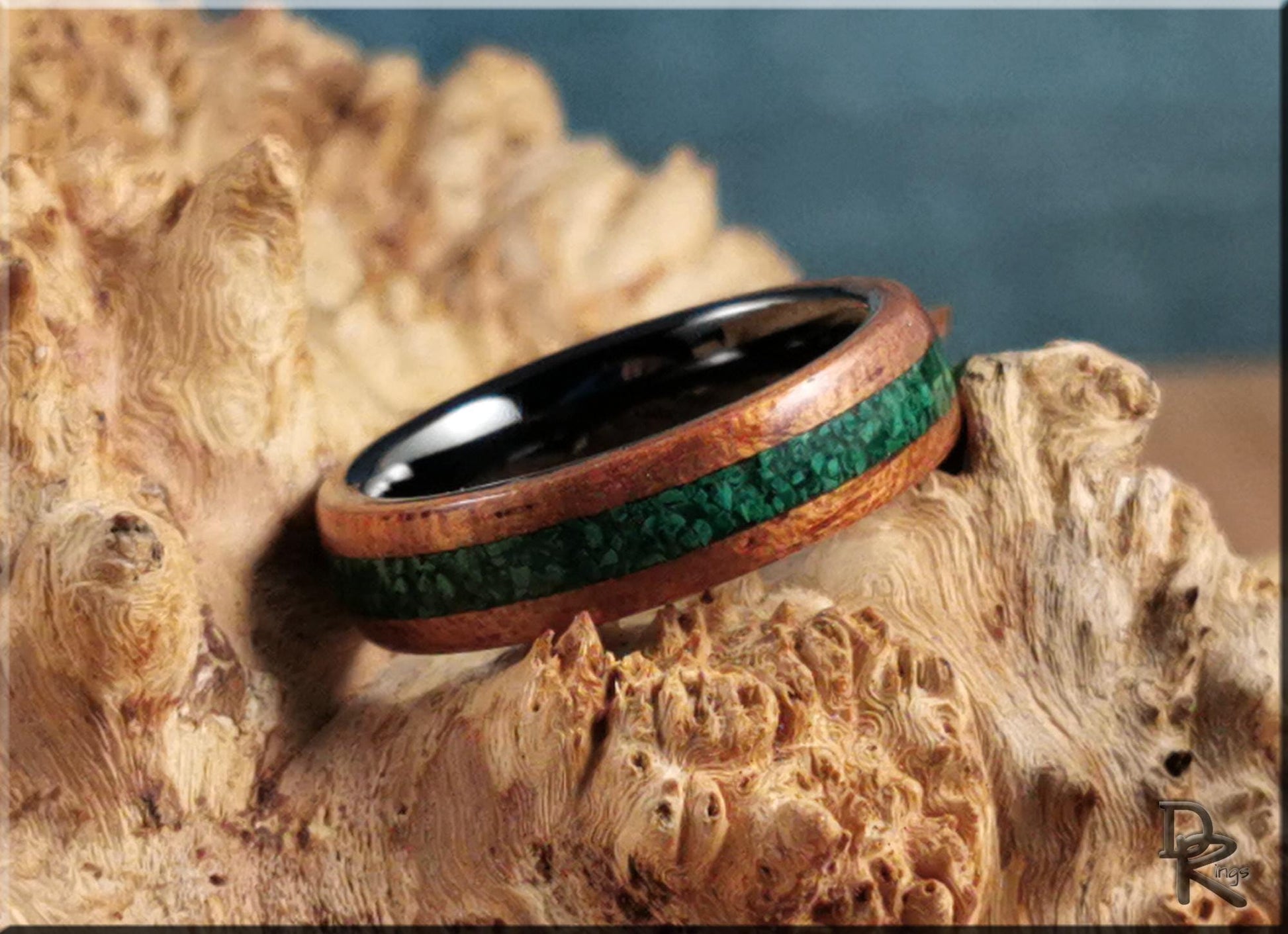 Bentwood Ring - Spanish Cedar w/Green Malachite stone inlay on polished black ceramic ring core - wood ring