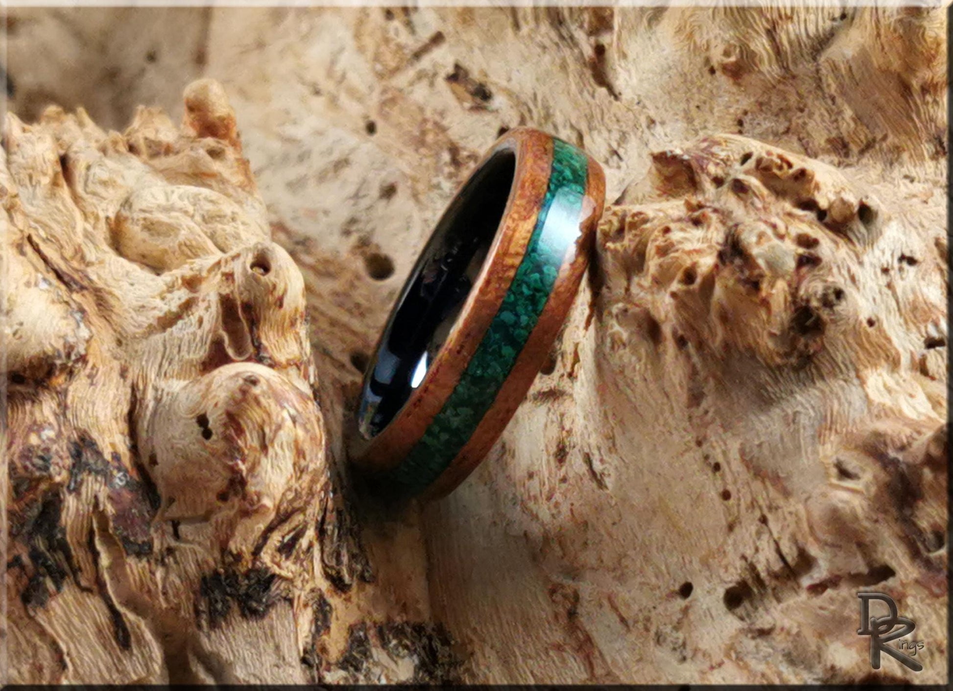 Bentwood Ring - Spanish Cedar w/Green Malachite stone inlay on polished black ceramic ring core - wood ring