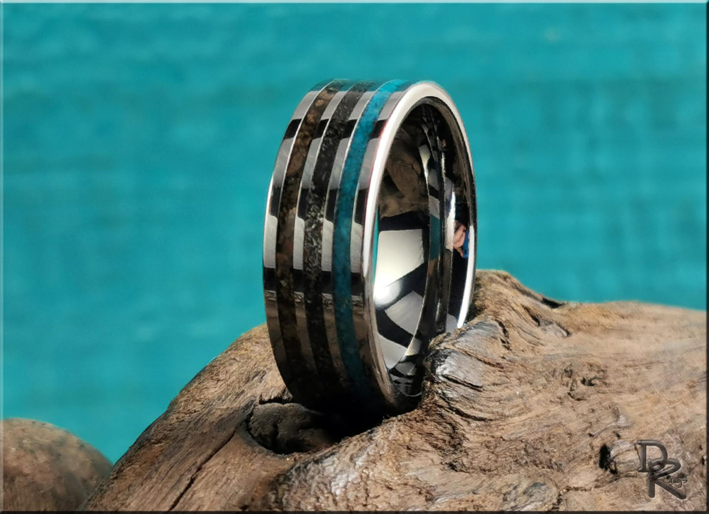 Tungsten Carbide 8mm Triple-Channel Ring with Meteorite, Bisbee Turquoise, and T-Rex bone inlays - metal ring
