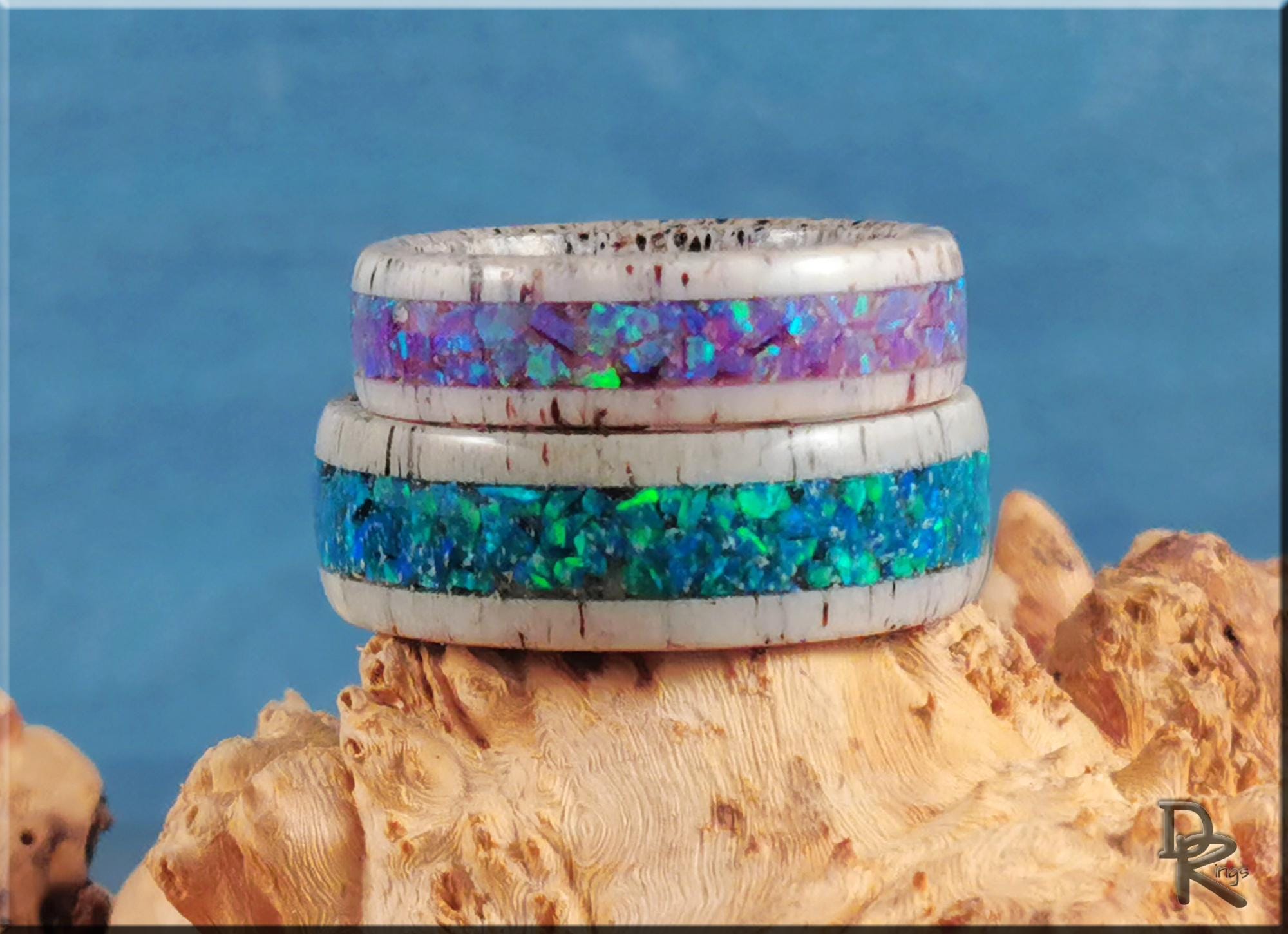 Deer Antler Ring Set w/Opal inlays - antler rings