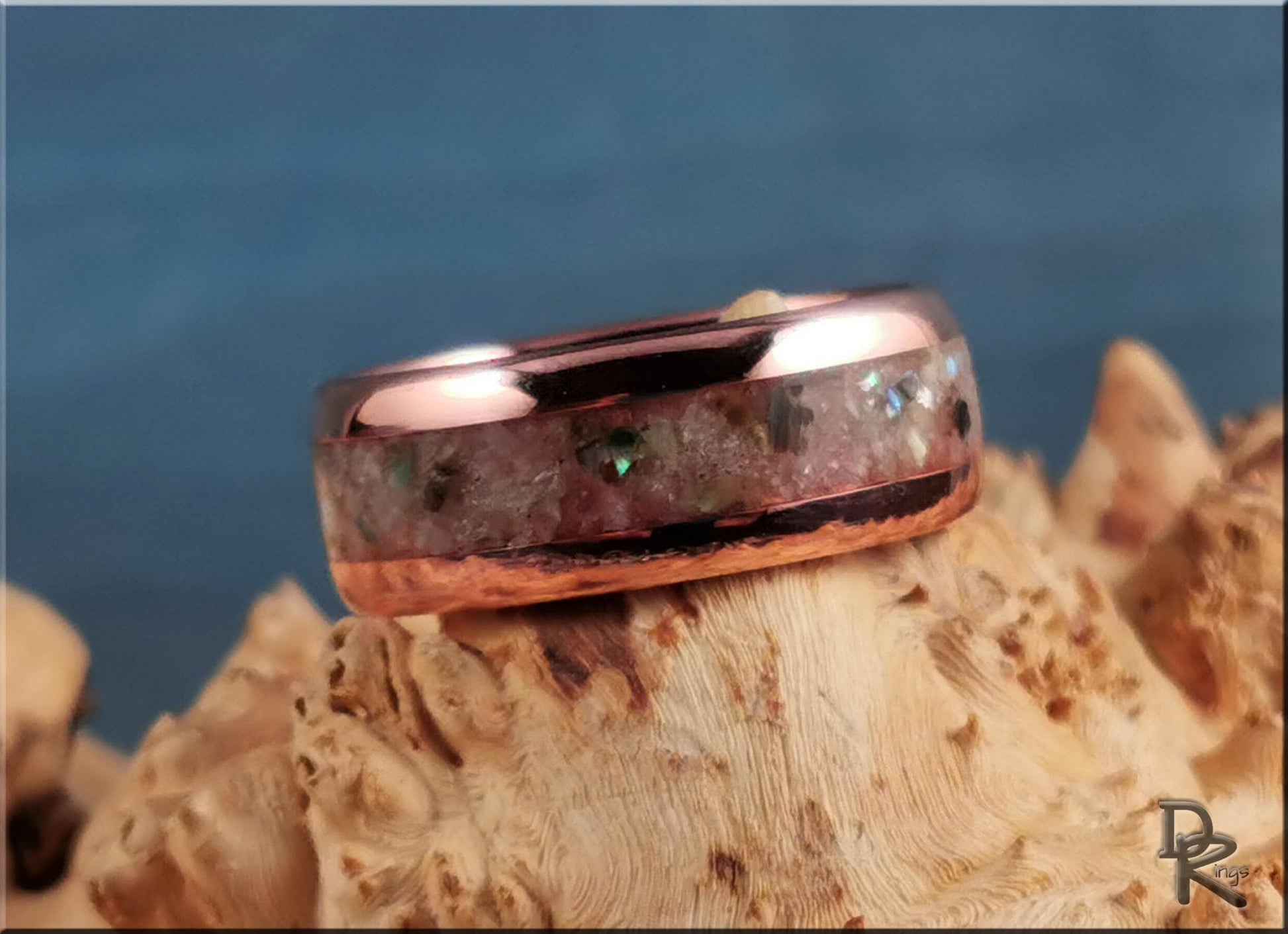Tellurium 8mm Channel Ring w/Blended Muscovite and Abalone Shell inlay - copper ring