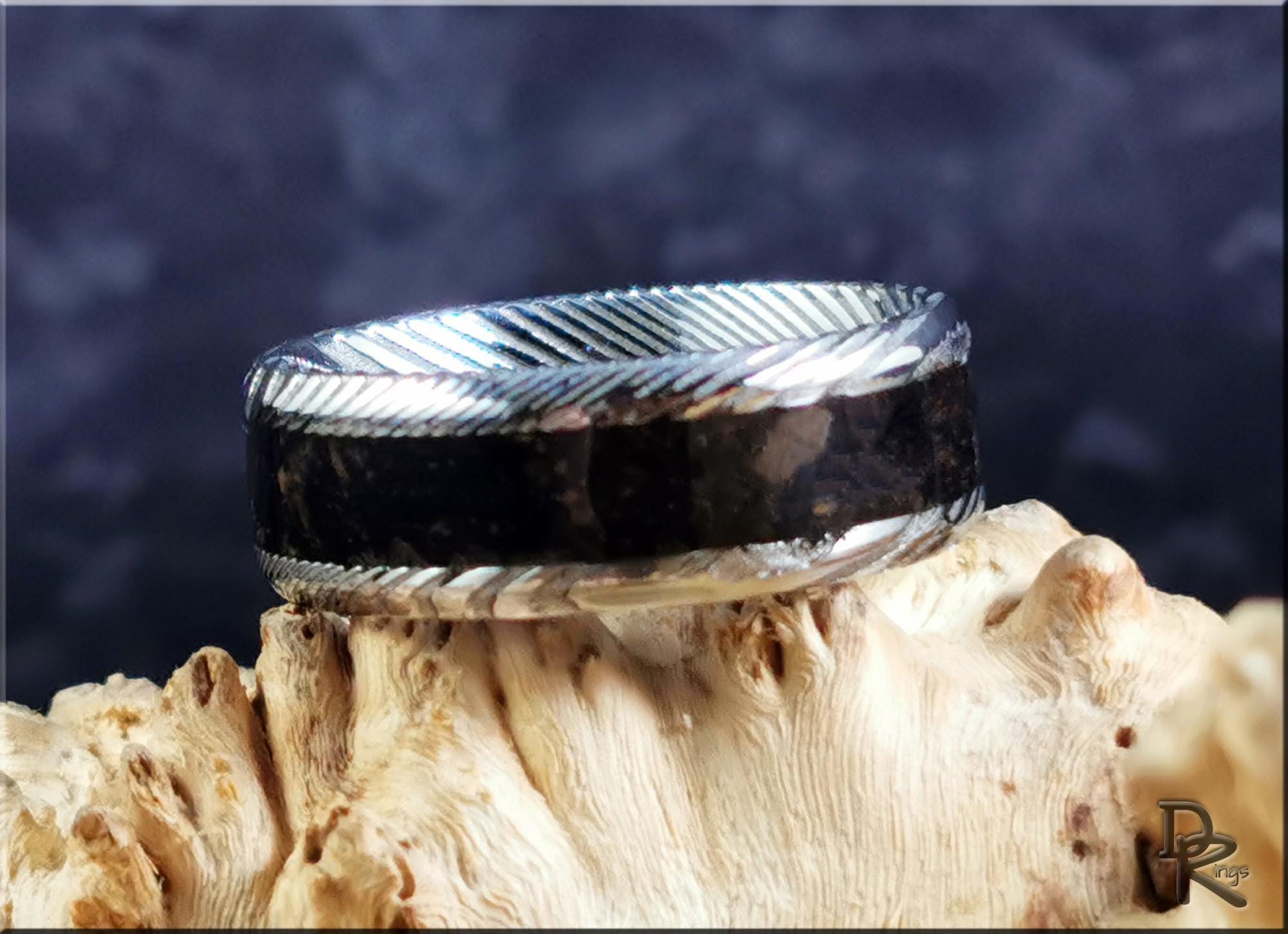 Damascus Steel Channel Ring w/Genuine KT Boundary inlay - metal ring