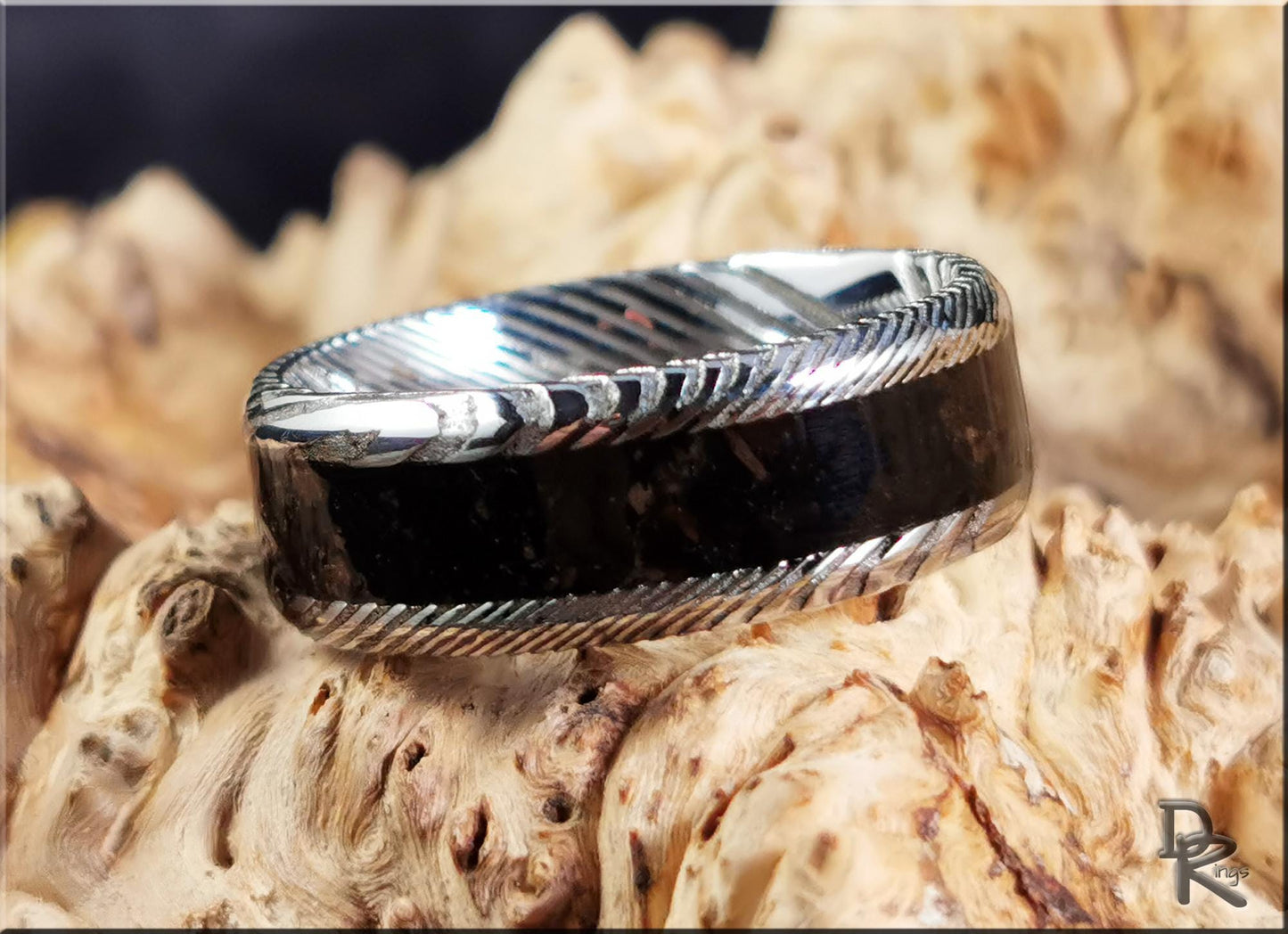 Damascus Steel Channel Ring w/Genuine KT Boundary inlay - metal ring