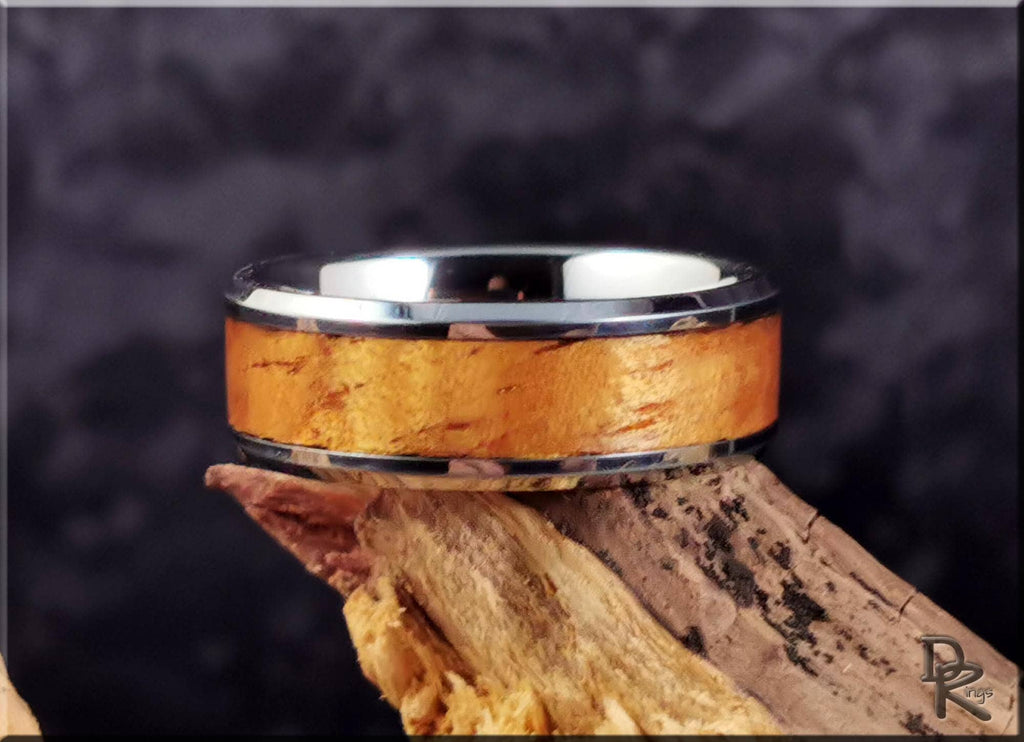 Tungsten Carbide Ring with Hawaiian Koa wood Inlay, Artisan Crafted