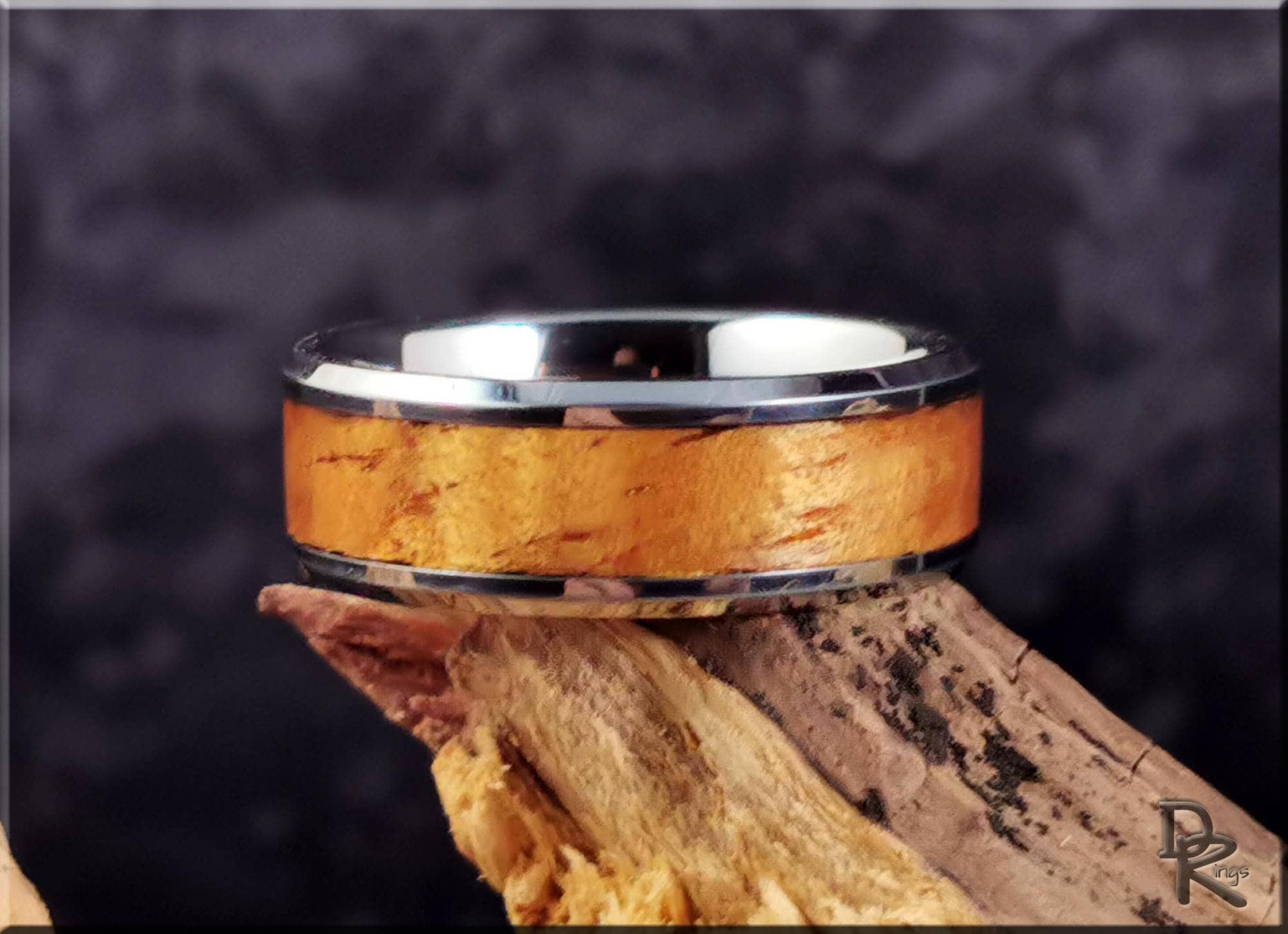 Tungsten Carbide Ring with Hawaiian Koa wood Inlay, Artisan Crafted