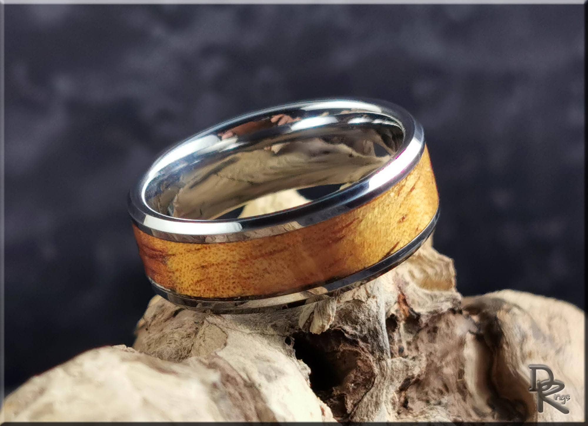 Tungsten Carbide Ring with Hawaiian Koa wood Inlay, Artisan Crafted