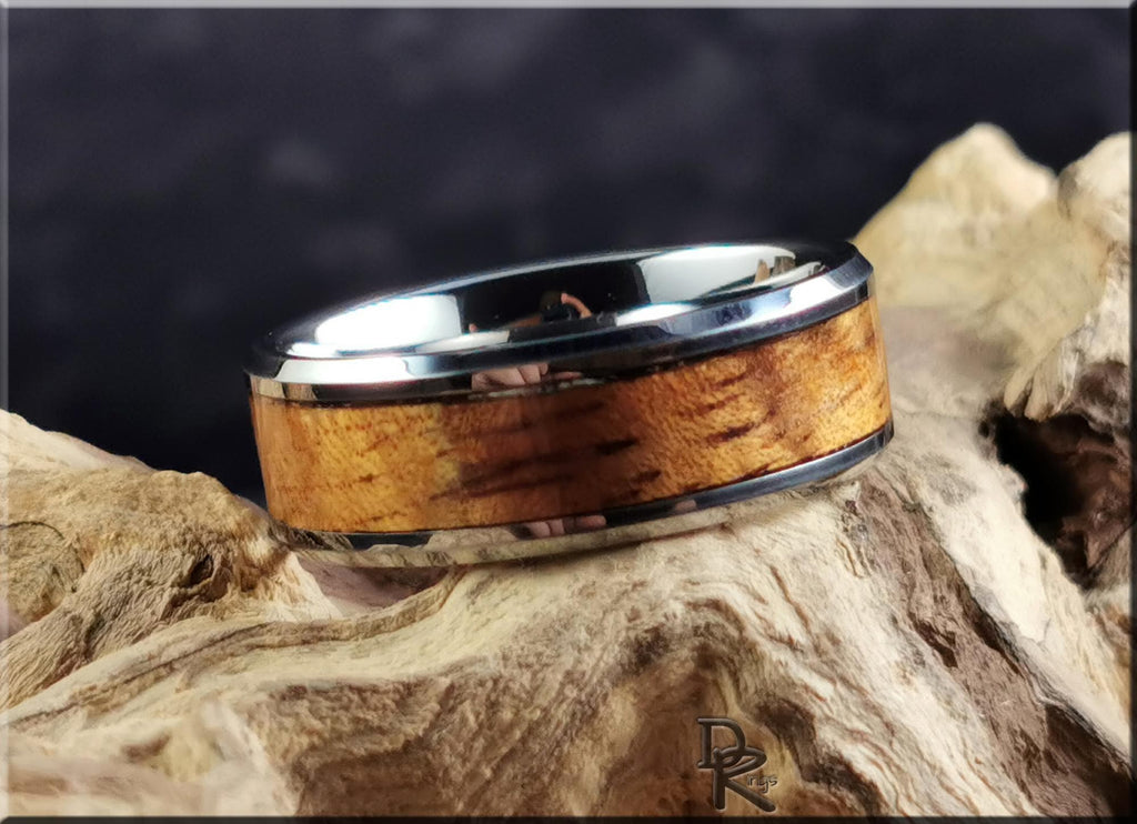 Tungsten Carbide Ring with Hawaiian Koa wood Inlay, Artisan Crafted