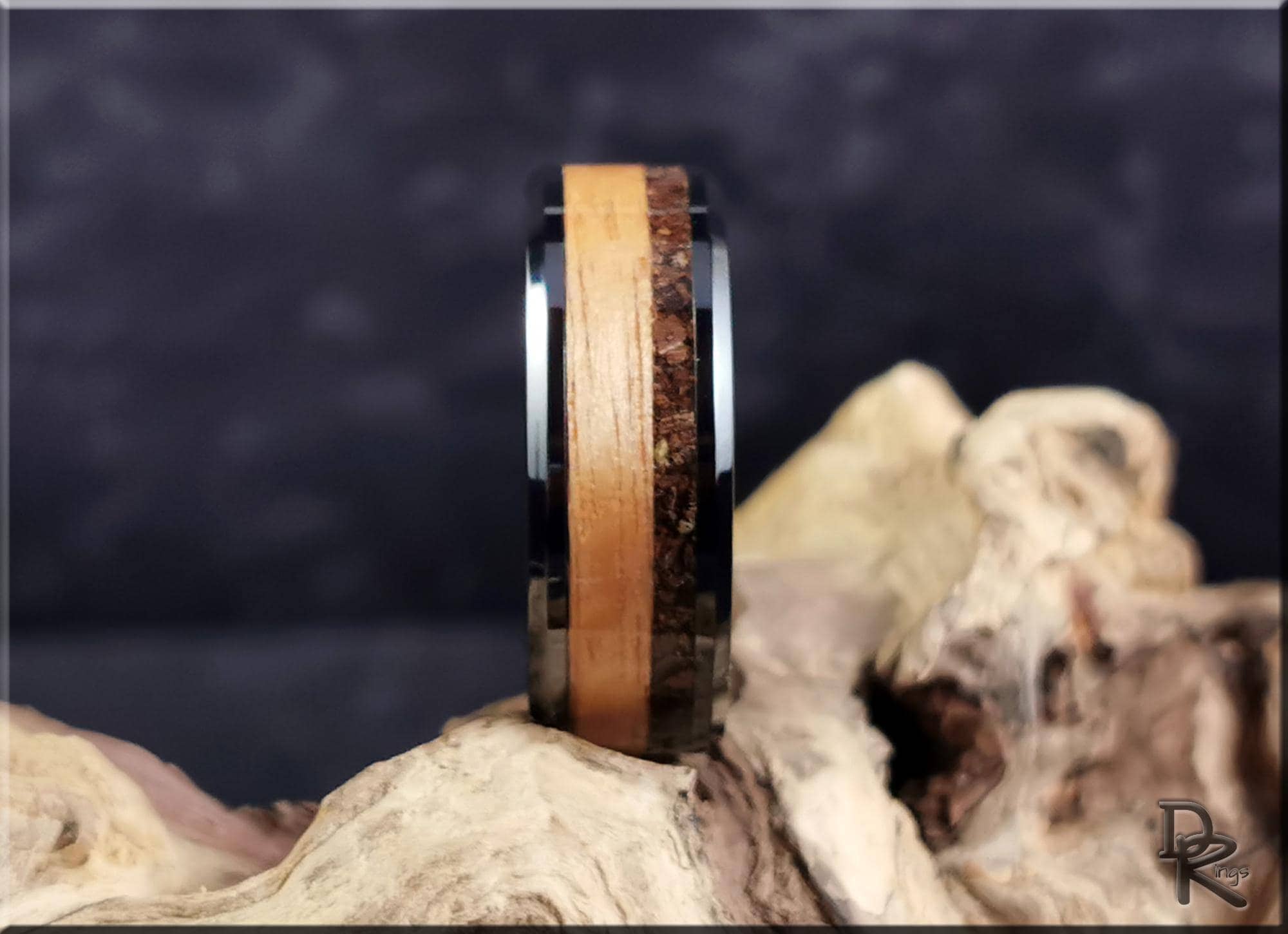 Black Ceramic Ring with Rustic Chestnut and Velociraptor Dinosaur bone inlays