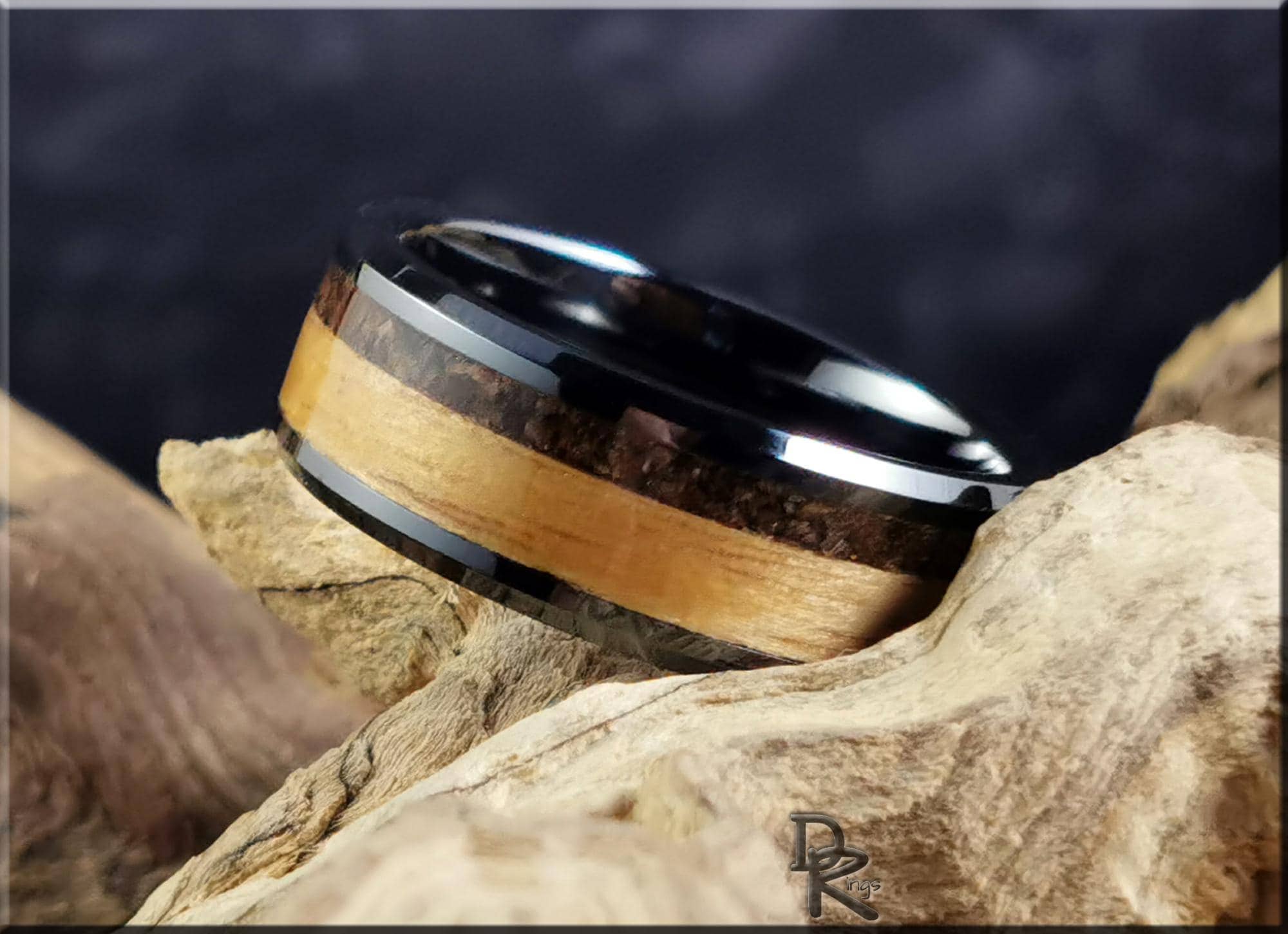 Black Ceramic Ring with Rustic Chestnut and Velociraptor Dinosaur bone inlays