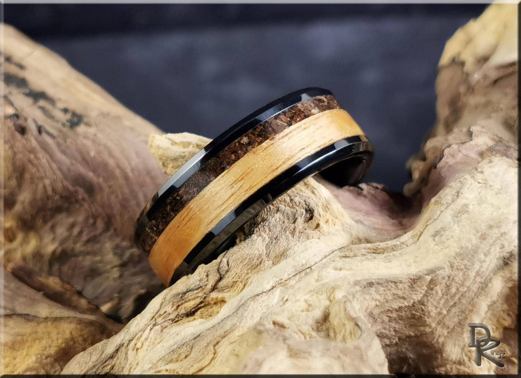 Black Ceramic Ring with Rustic Chestnut and Velociraptor Dinosaur bone inlays