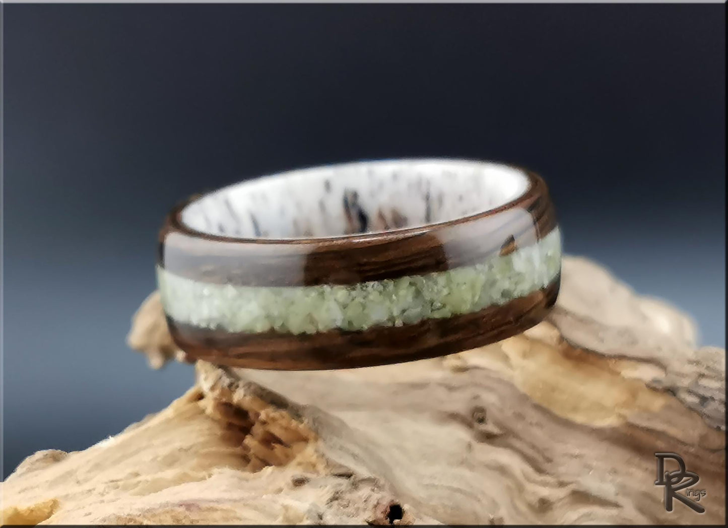 Bentwood Ring: Ancient Bog Oak, Irish Connemara inlay, Deer Antler core