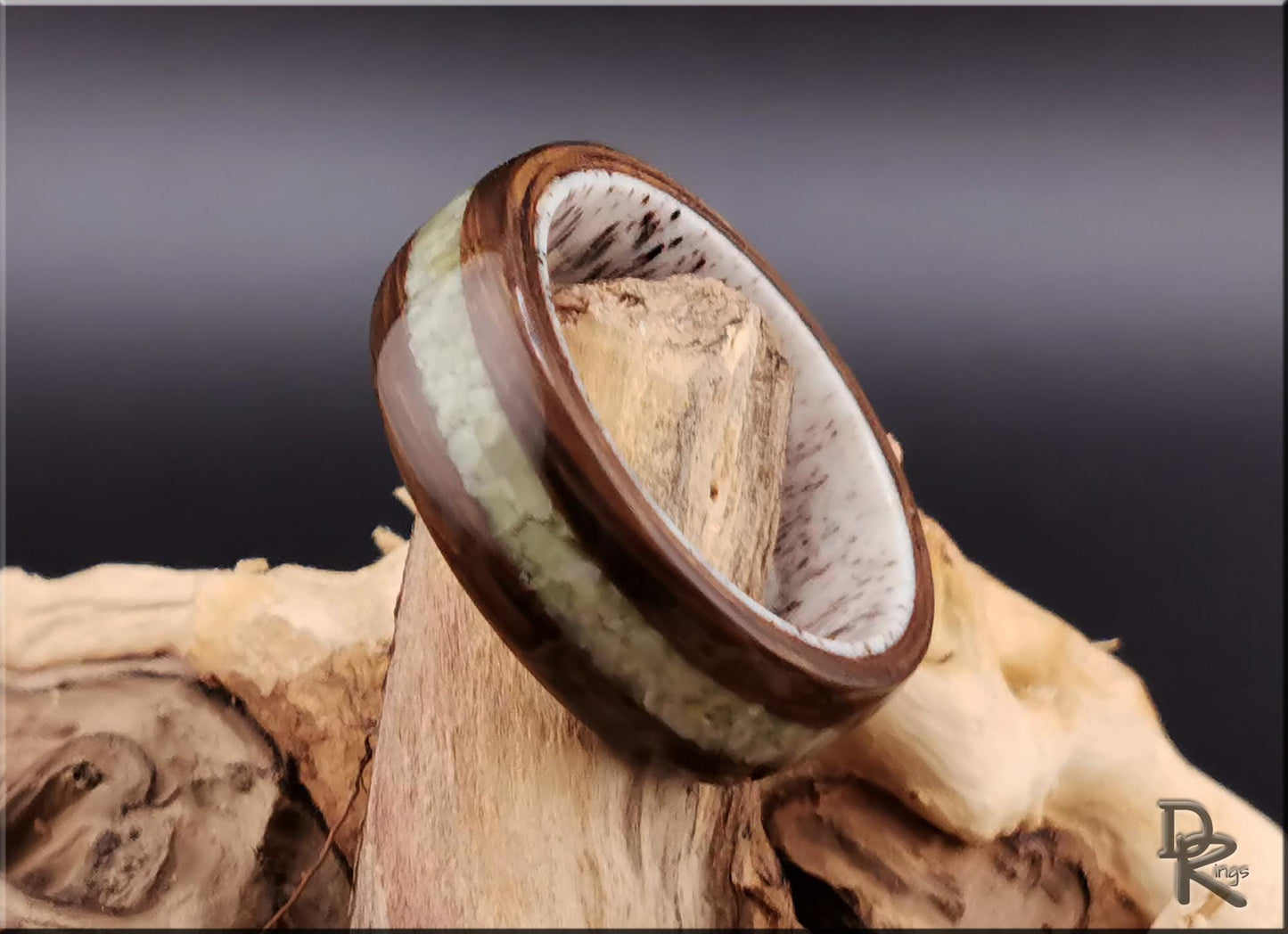 Bentwood Ring: Ancient Bog Oak, Irish Connemara inlay, Deer Antler core