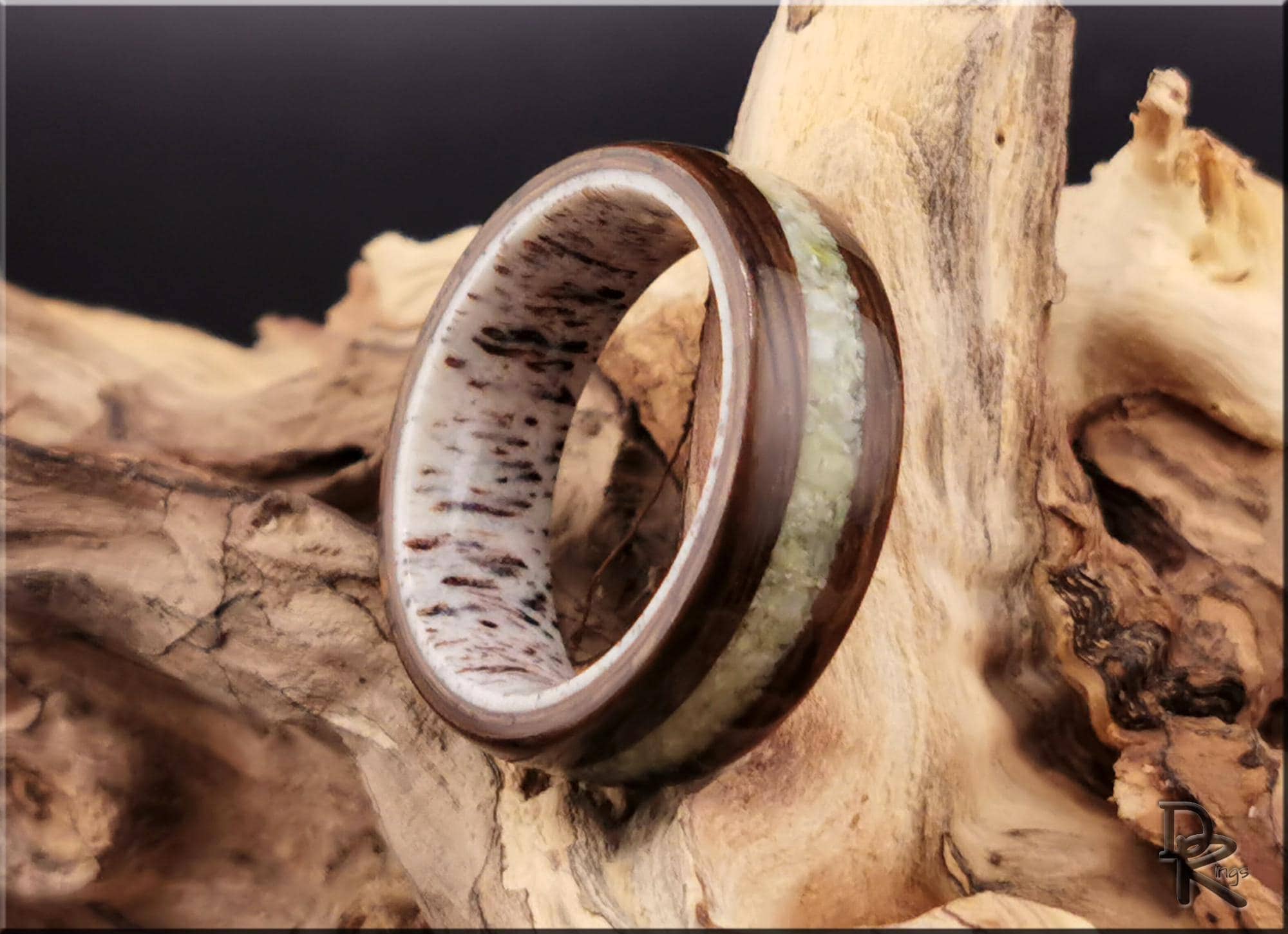 Bentwood Ring: Ancient Bog Oak, Irish Connemara inlay, Deer Antler core