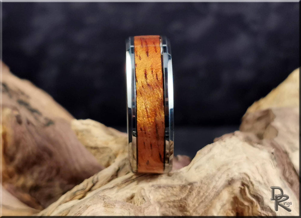 Tungsten Carbide Ring with Hawaiian Koa wood Inlay, Artisan Crafted
