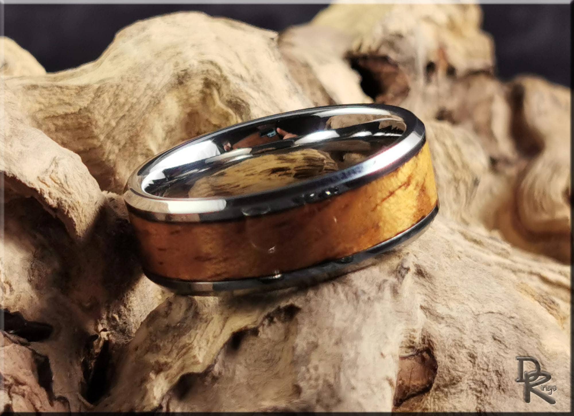 Tungsten Carbide Ring with Hawaiian Koa wood Inlay, Artisan Crafted