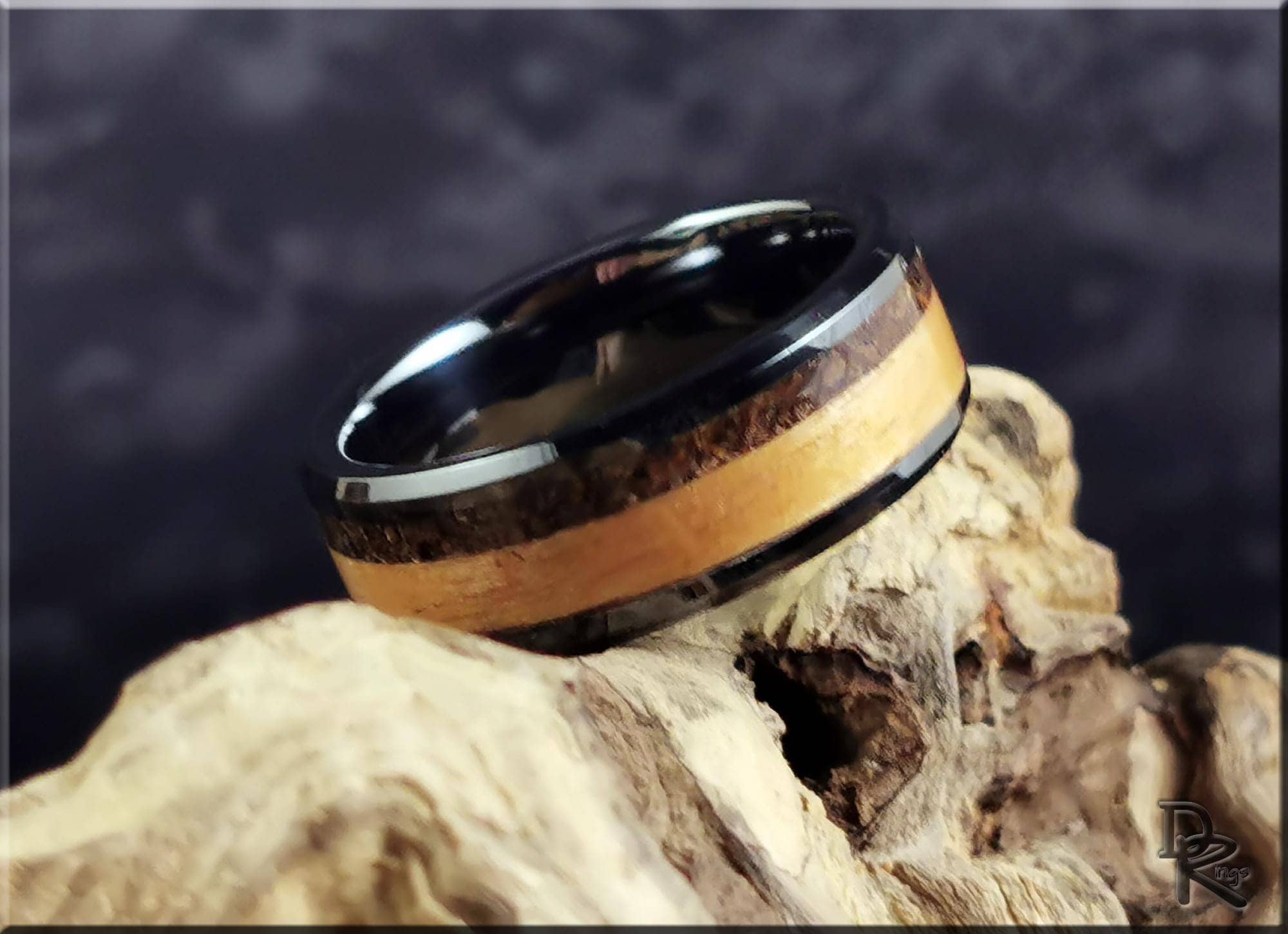 Black Ceramic Ring with Rustic Chestnut and Velociraptor Dinosaur bone inlays
