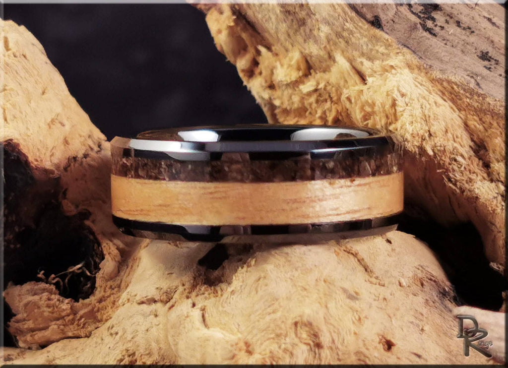 Black Ceramic Ring with Rustic Chestnut and Velociraptor Dinosaur bone inlays