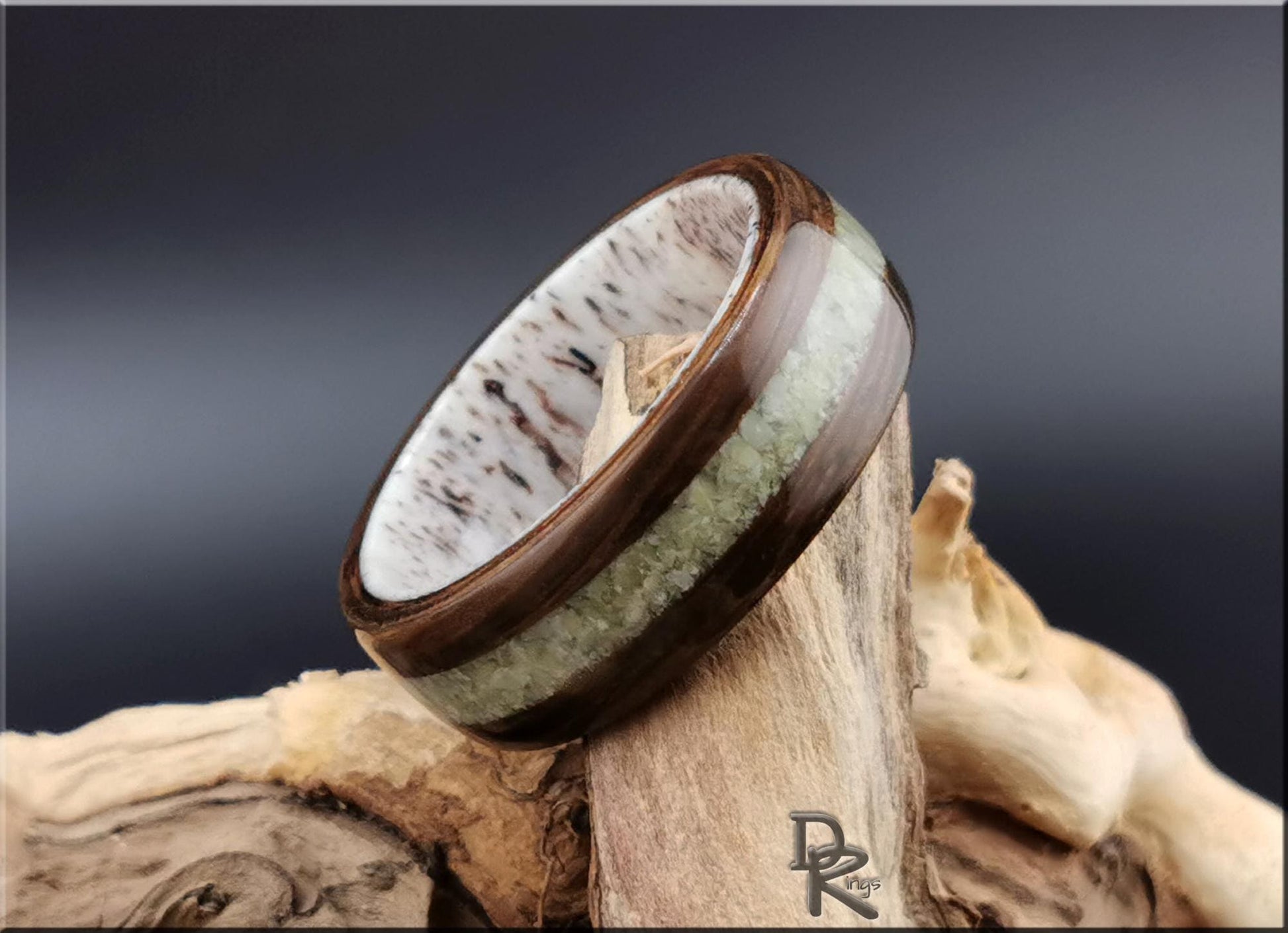 Bentwood Ring: Ancient Bog Oak, Irish Connemara inlay, Deer Antler core