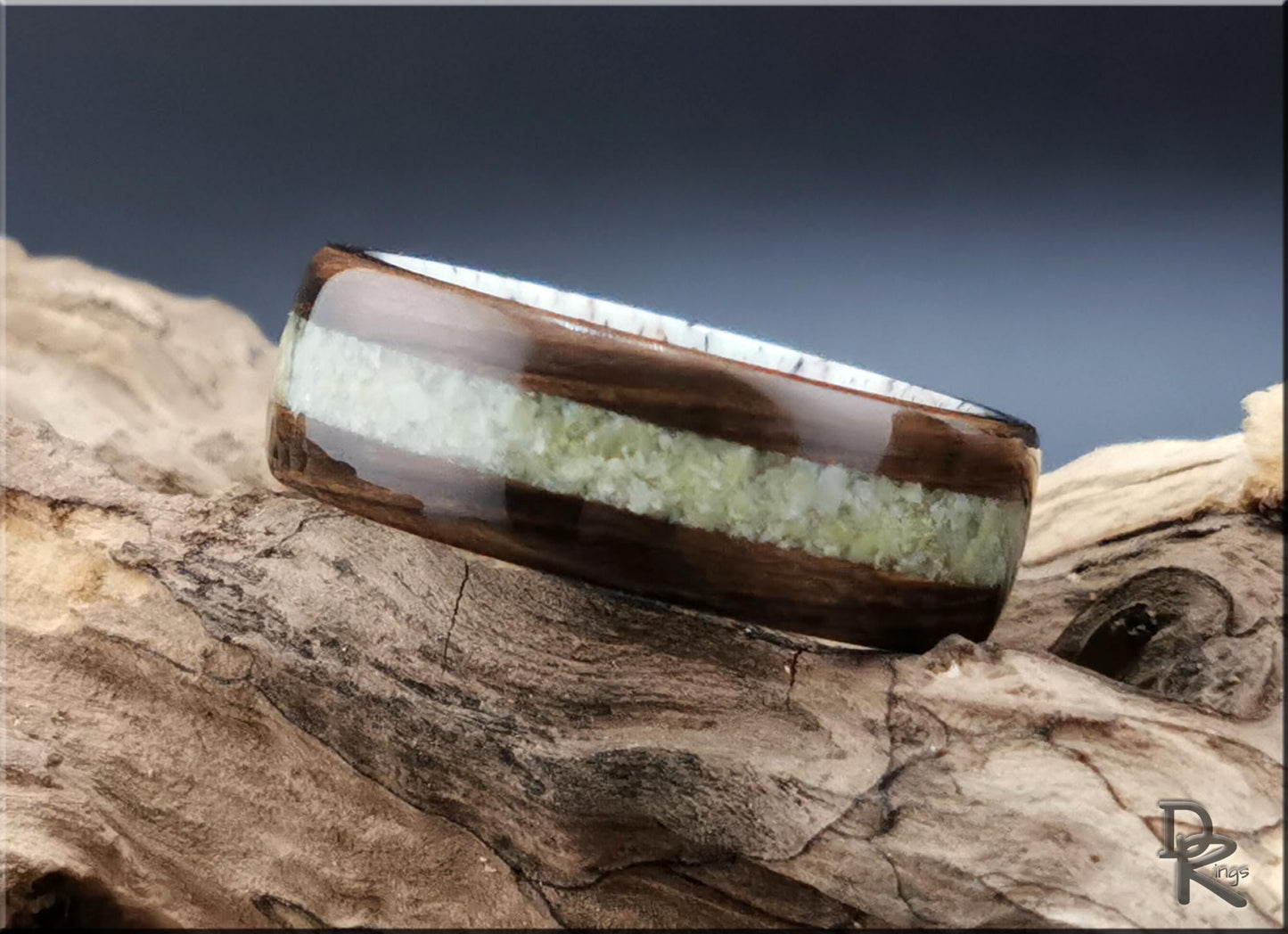 Bentwood Ring: Ancient Bog Oak, Irish Connemara inlay, Deer Antler core