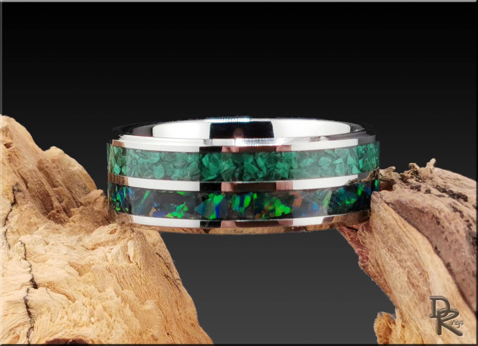Tungsten Carbide Ring with Malachite and Opal inlays