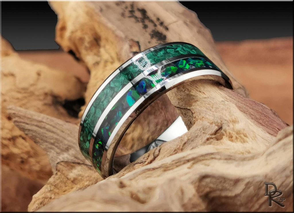 Tungsten Carbide Ring with Malachite and Opal inlays