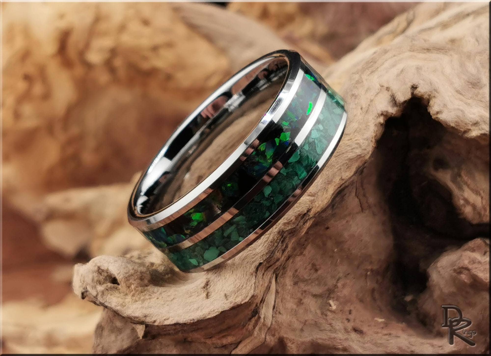 Tungsten Carbide Ring with Malachite and Opal inlays