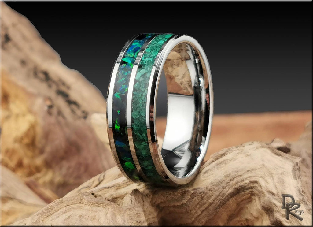 Tungsten Carbide Ring with Malachite and Opal inlays