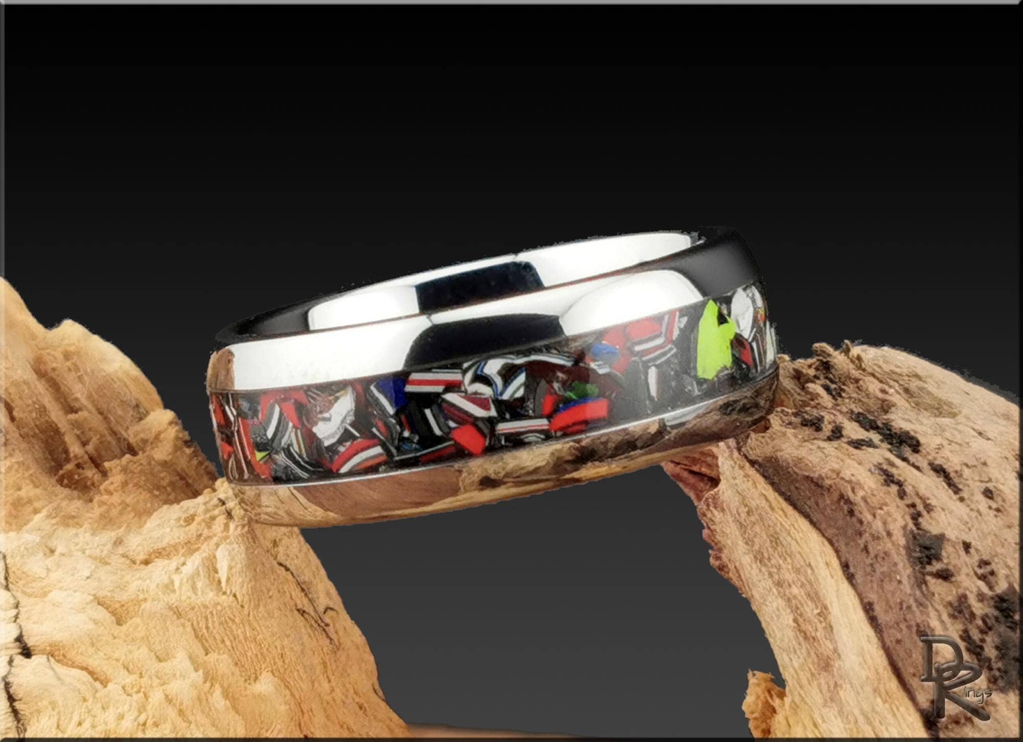 Tungsten Carbide Ring with Fordite (Chrysler) inlay, domed edge