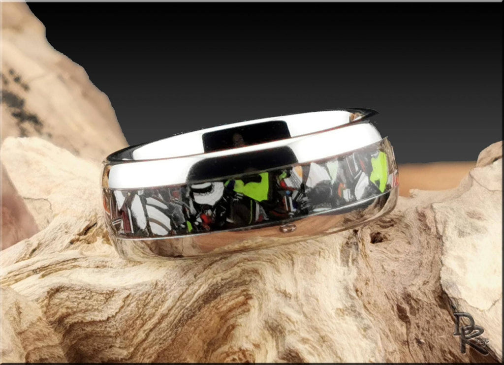 Tungsten Carbide Ring with Fordite (Chrysler) inlay, domed edge