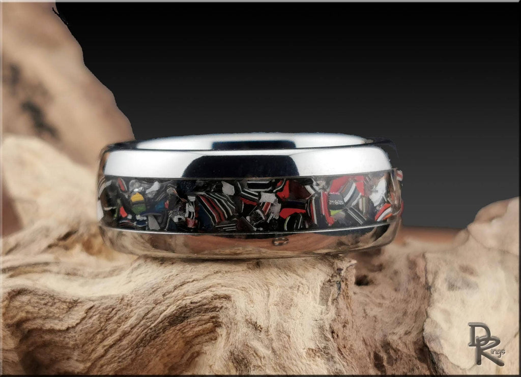Tungsten Carbide Ring with Fordite (Chrysler) inlay, domed edge