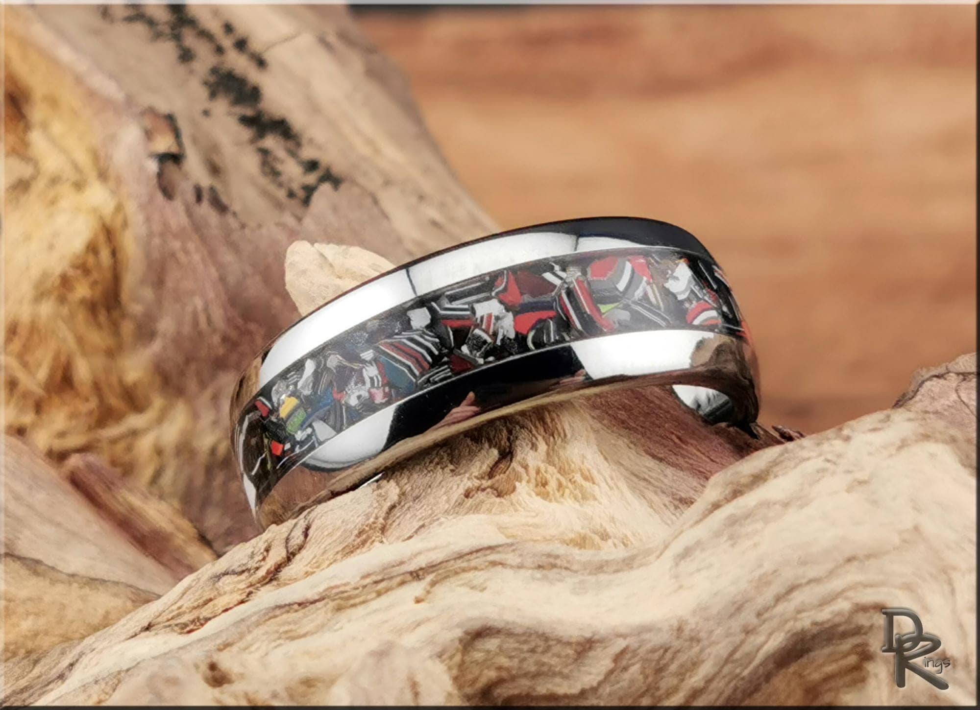 Tungsten Carbide Ring with Fordite (Chrysler) inlay, domed edge