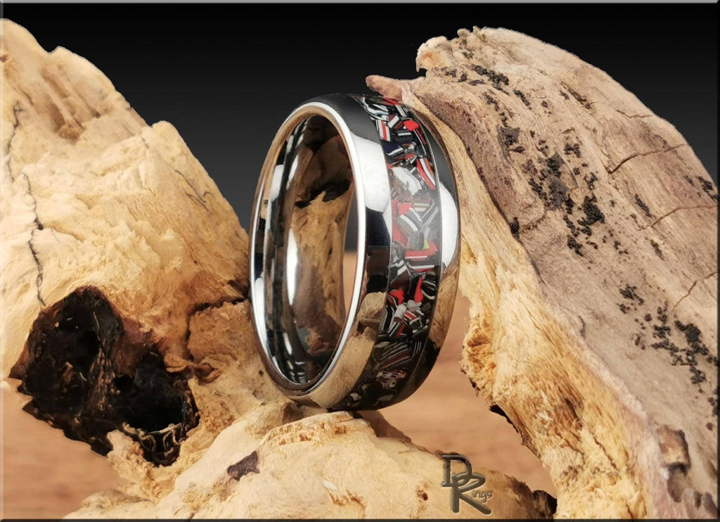 Tungsten Carbide Ring with Fordite (Chrysler) inlay, domed edge