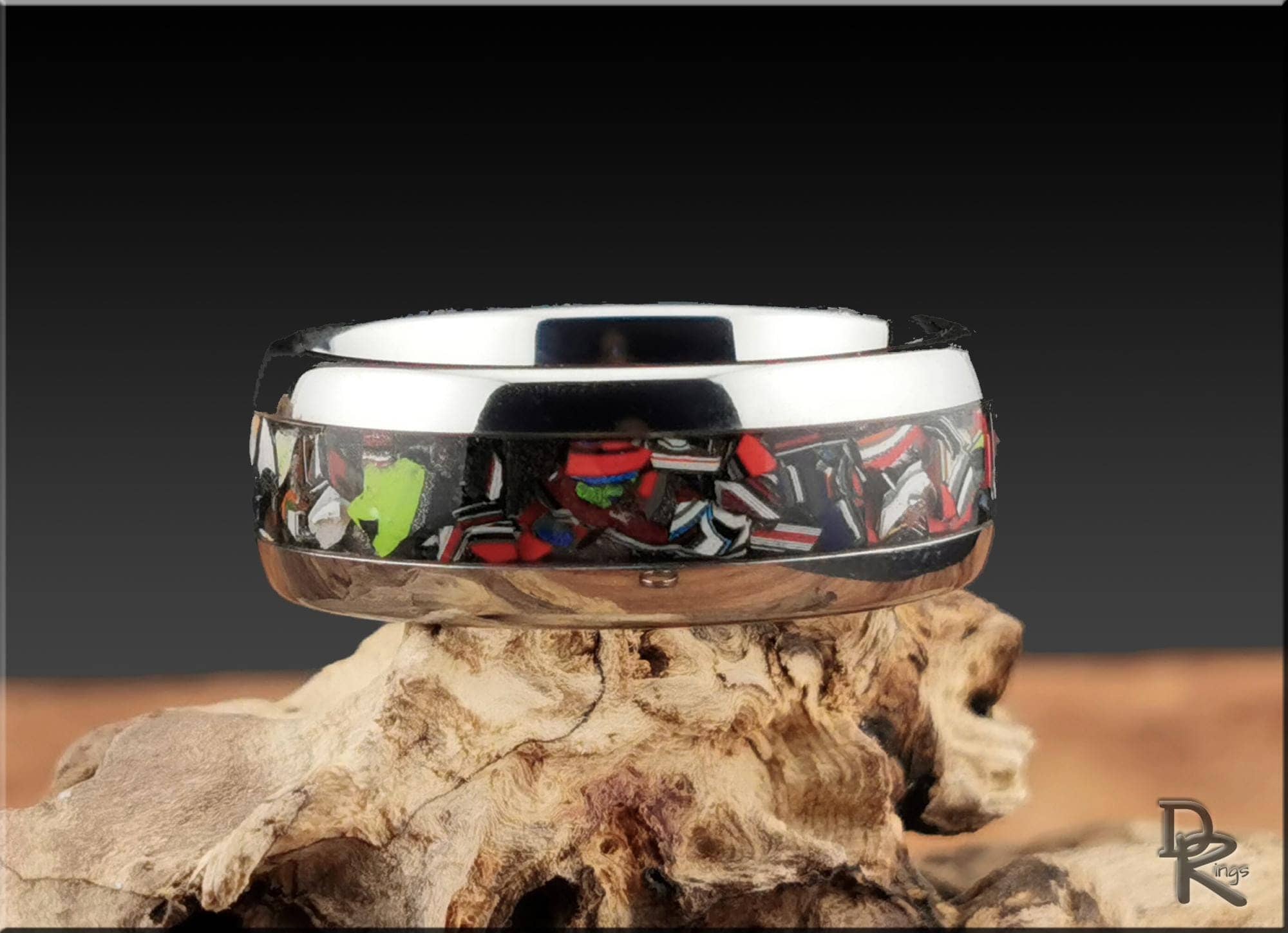 Tungsten Carbide Ring with Fordite (Chrysler) inlay, domed edge