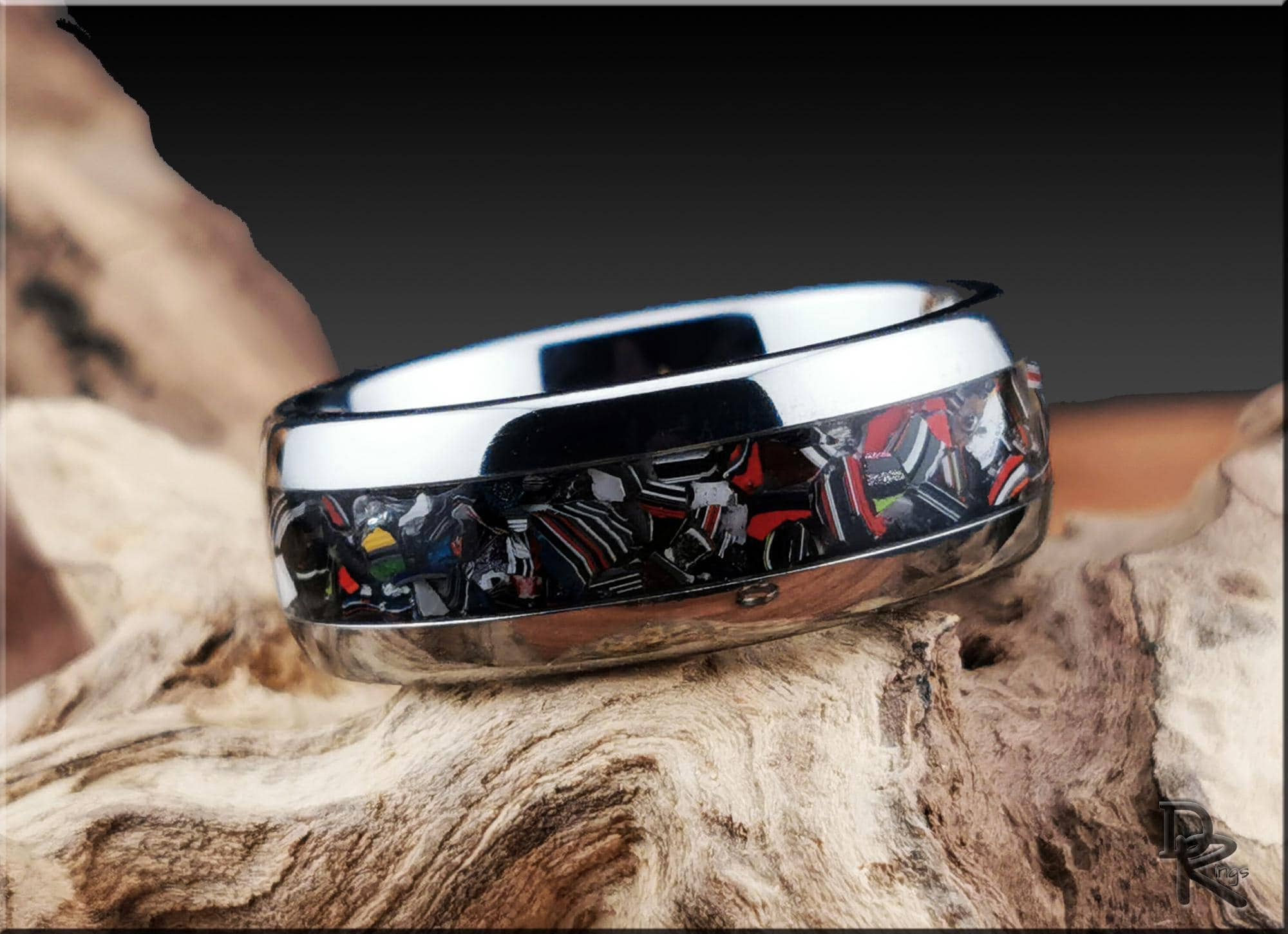 Tungsten Carbide Ring with Fordite (Chrysler) inlay, domed edge