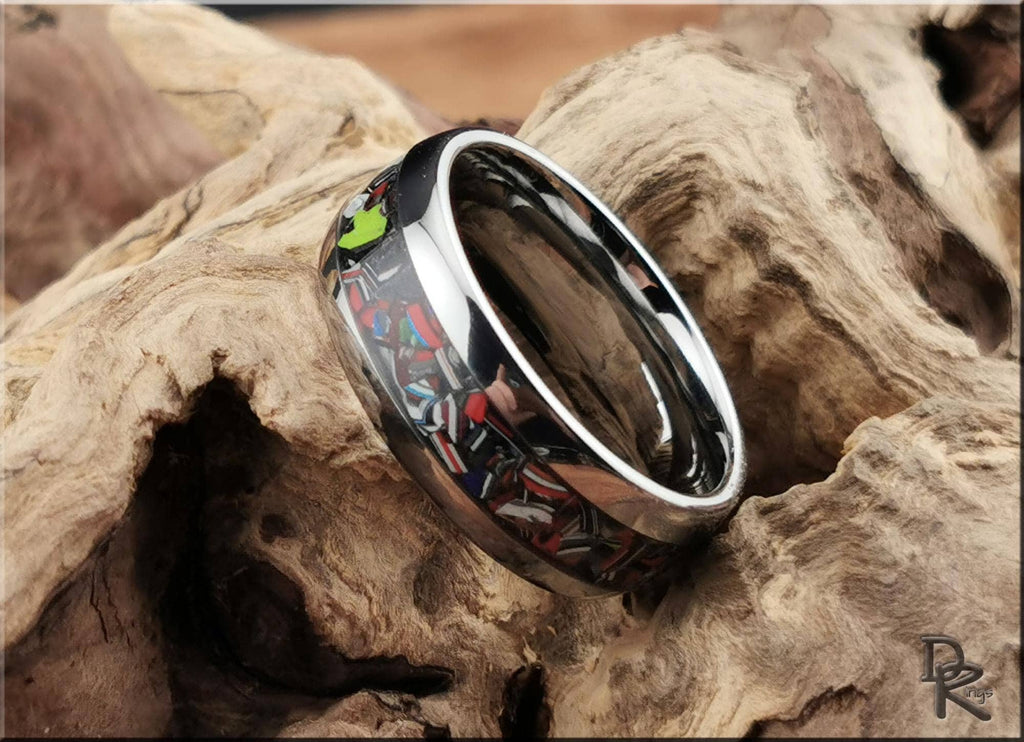 Tungsten Carbide Ring with Fordite (Chrysler) inlay, domed edge