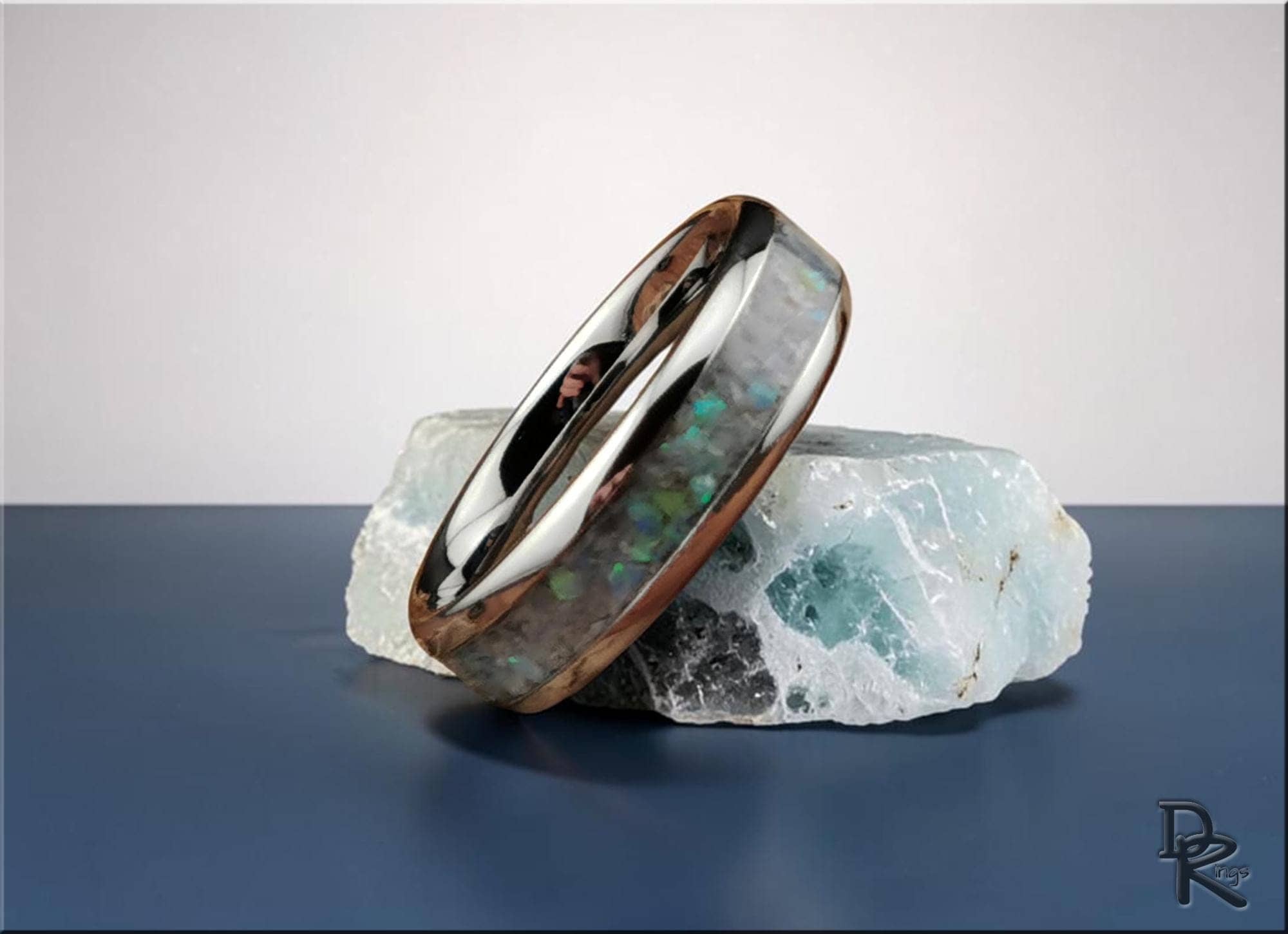 Tungsten Carbide Ring with Kyanite, Opal, and Glow inlay