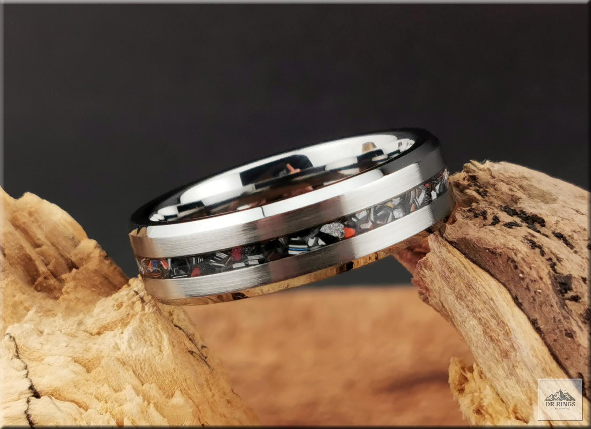 Tungsten Carbide Ring with Narrow Vintage Fordite Inlay